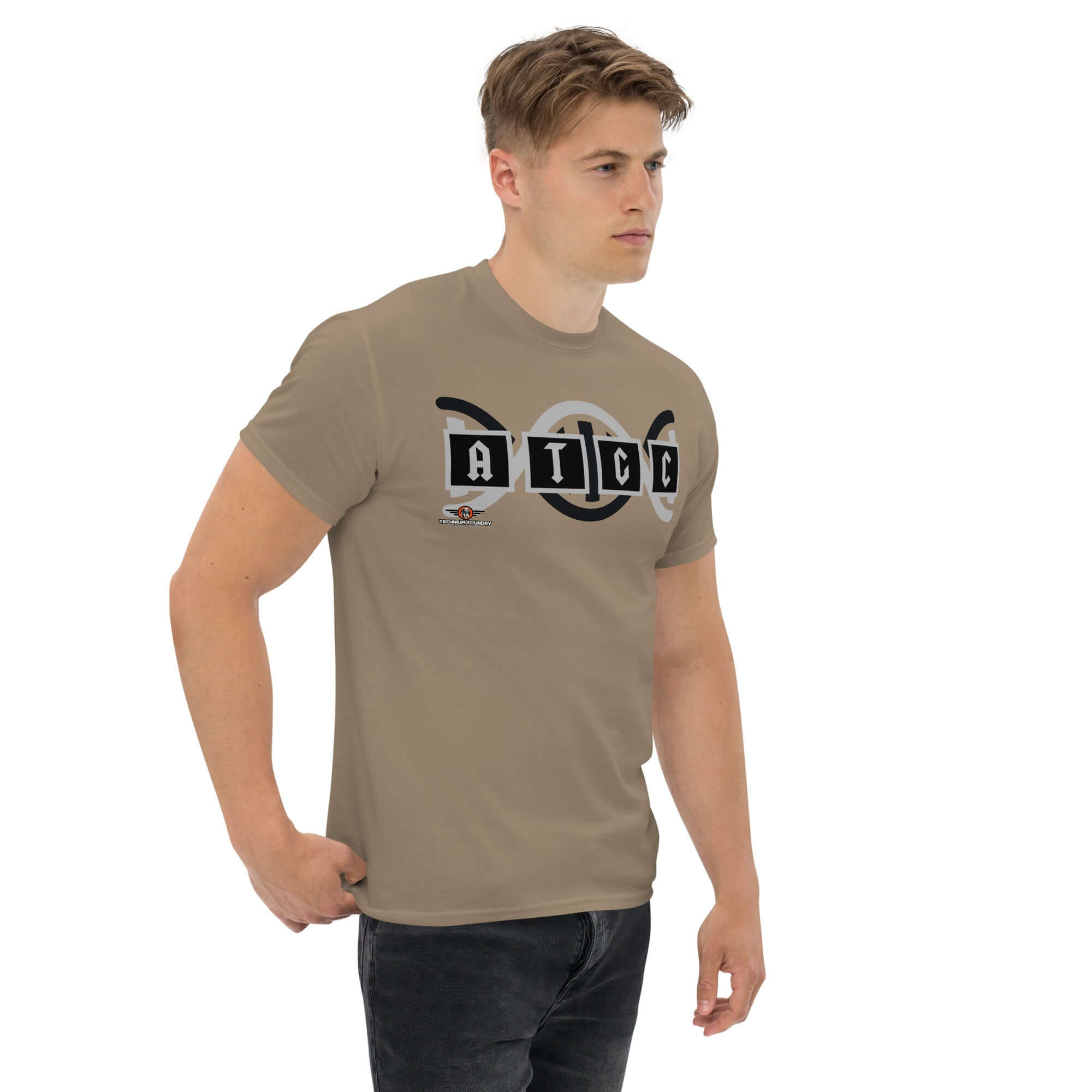 Man wearing AT/GC rock band DNA t-shirt with genetic science humor design.