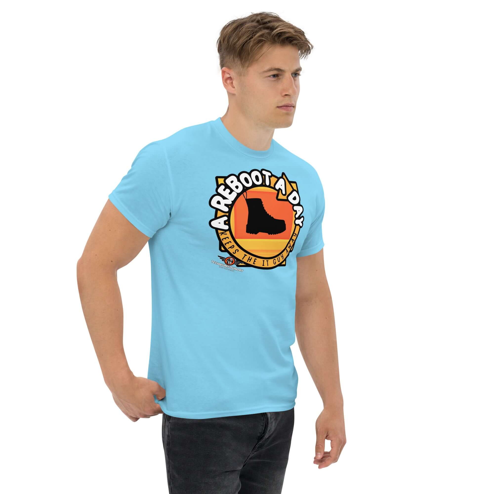 Person wearing 'A Reboot A Day' IT Support Humor T-Shirt with tech help desk boot design.