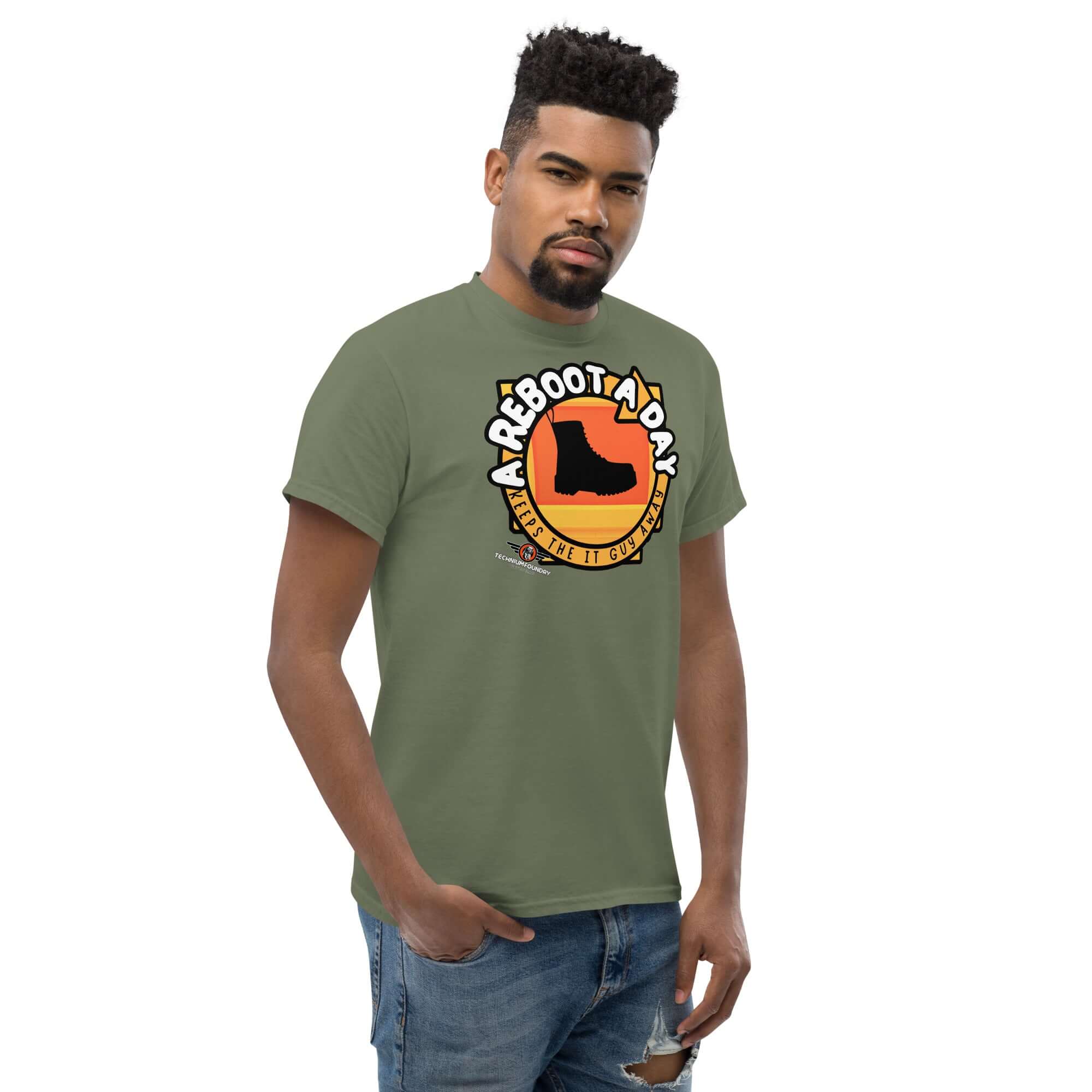 A Reboot A Day IT Support Humor T-Shirt with boot graphic and tech help design, worn by model against white background.