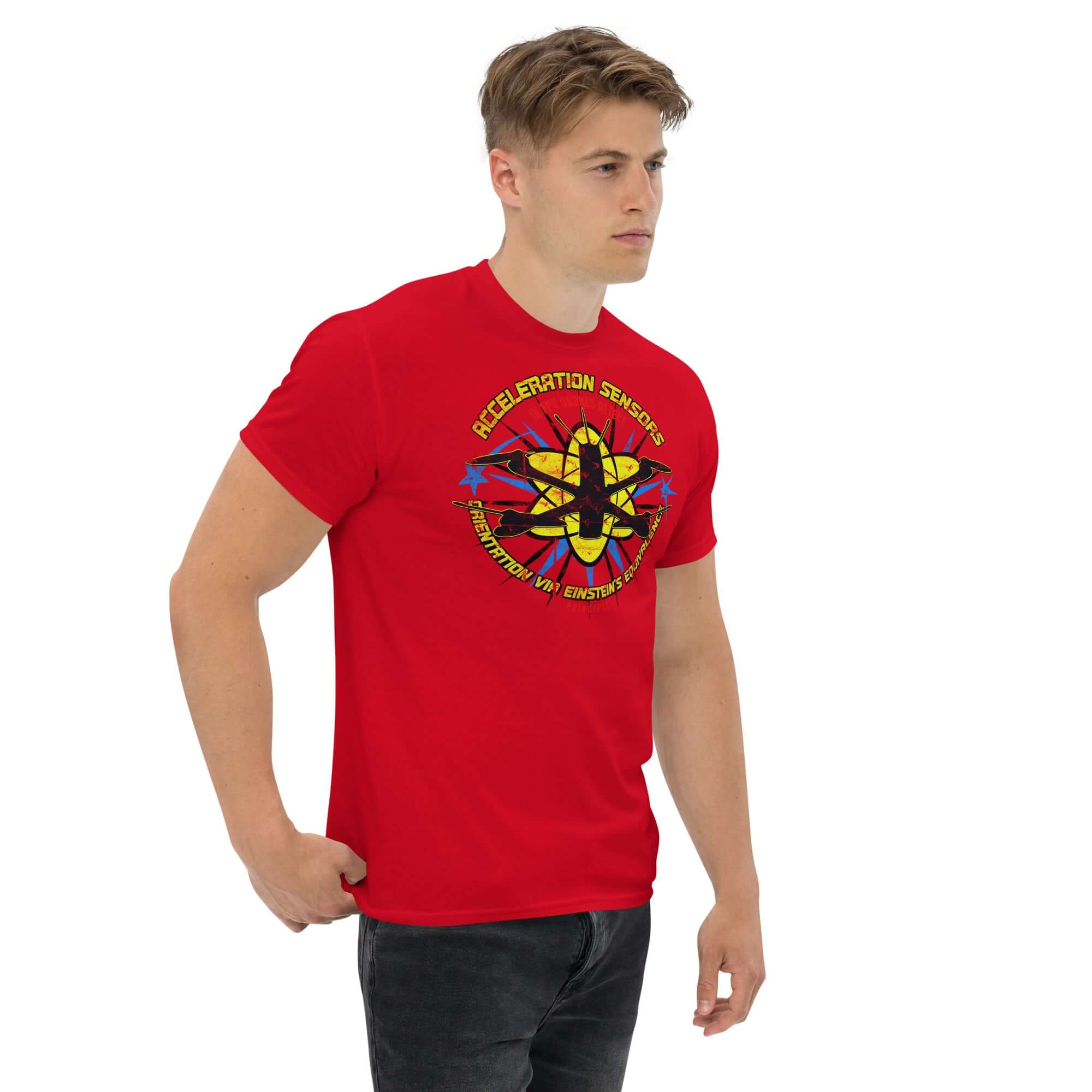 Man wearing red FPV Drones T-shirt featuring Einstein's Equivalence Principle and drone design, ideal for tech-savvy pilots.