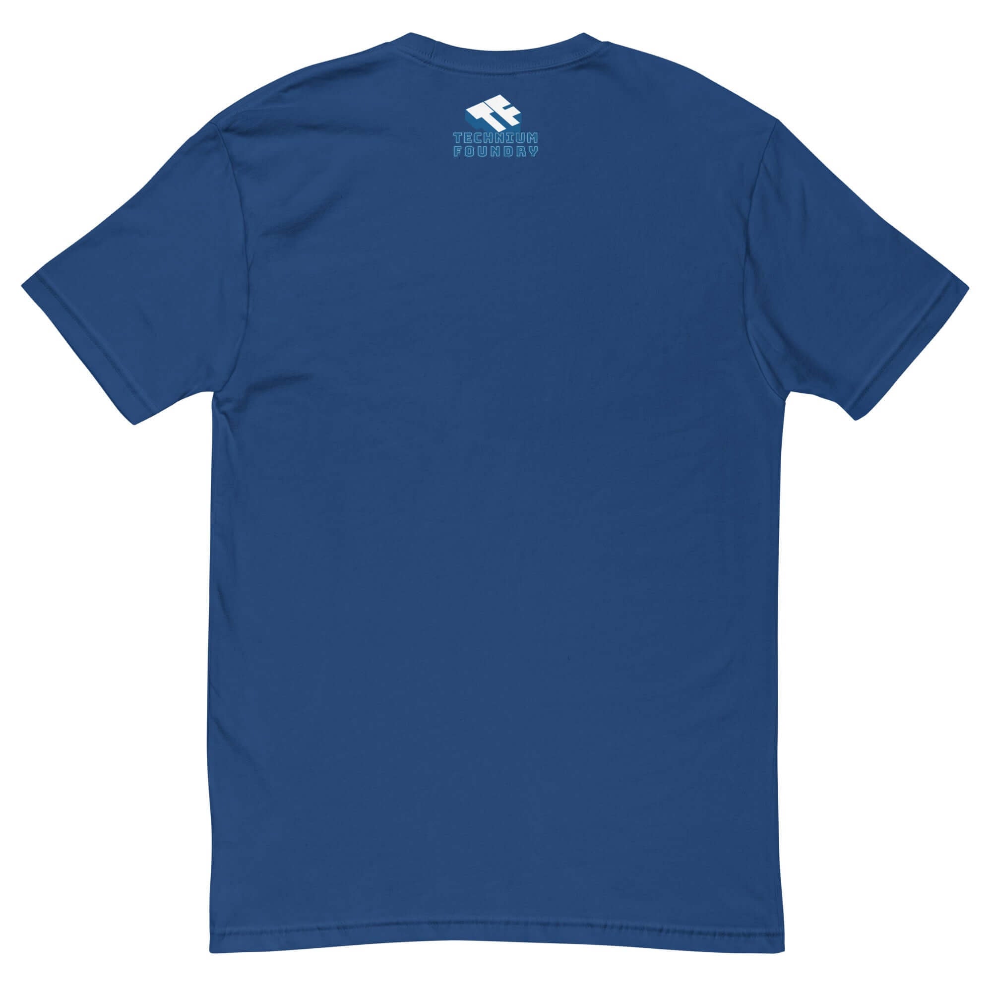 Blue t-shirt showcasing the Acceleration Sensors theme inspired by Einstein's Equivalence Principle; back view with logo.