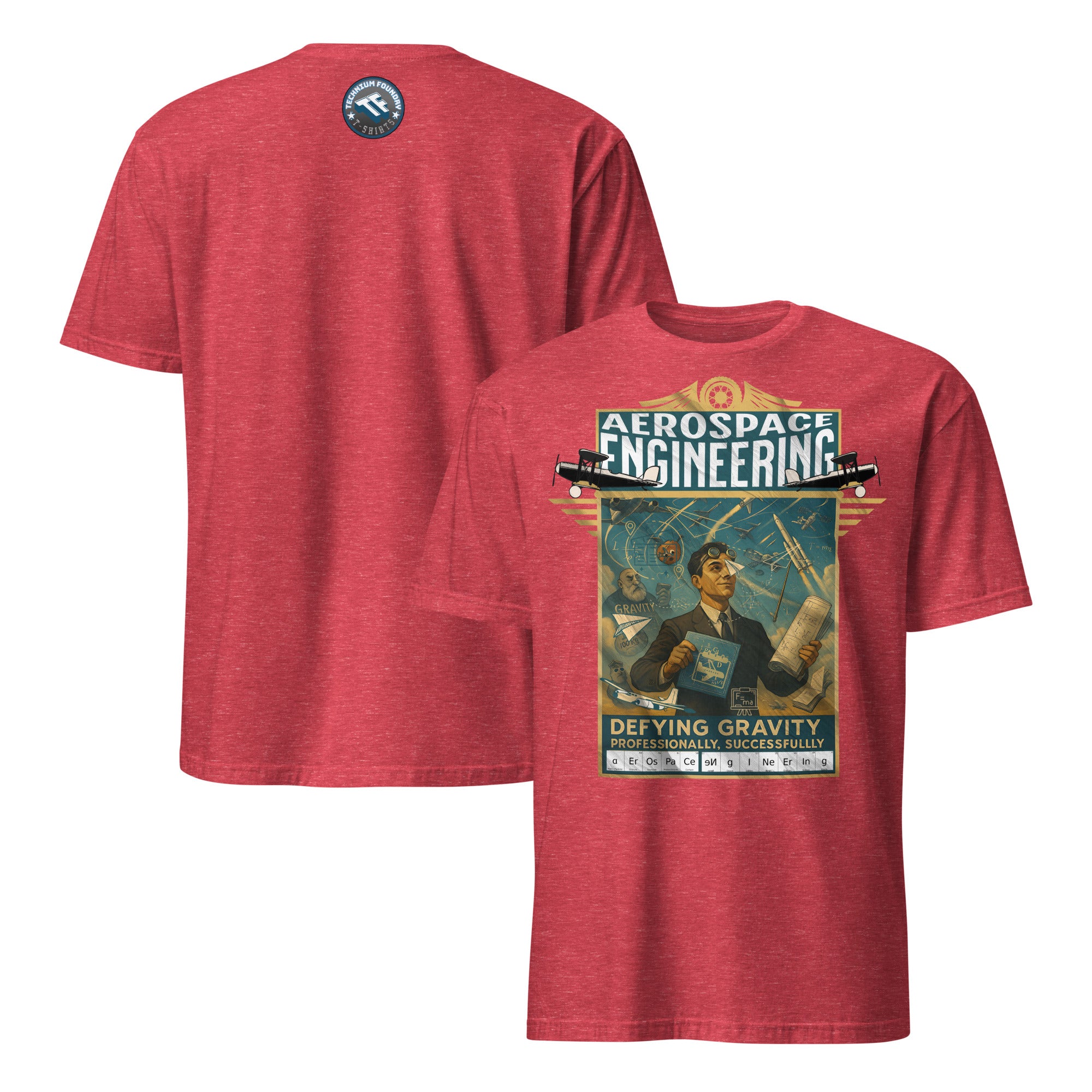Red Aerospace Engineering T-Shirt featuring vintage aviation artwork, celebrating defying gravity professionally and successfully.