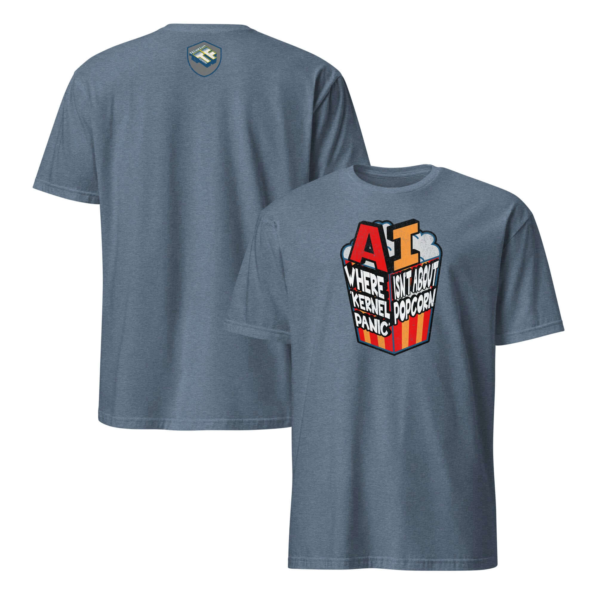 AI popcorn kernel panic T-shirt showcasing computer humor with a tech-themed pun design.