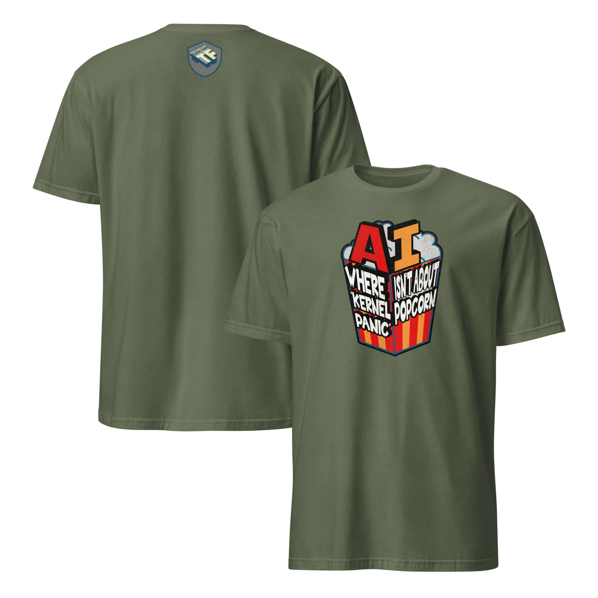 Green t-shirt with "AI: Where Kernel Panic Isn't About Popcorn" graphic, featuring a popcorn container design. Perfect for tech enthusiasts.