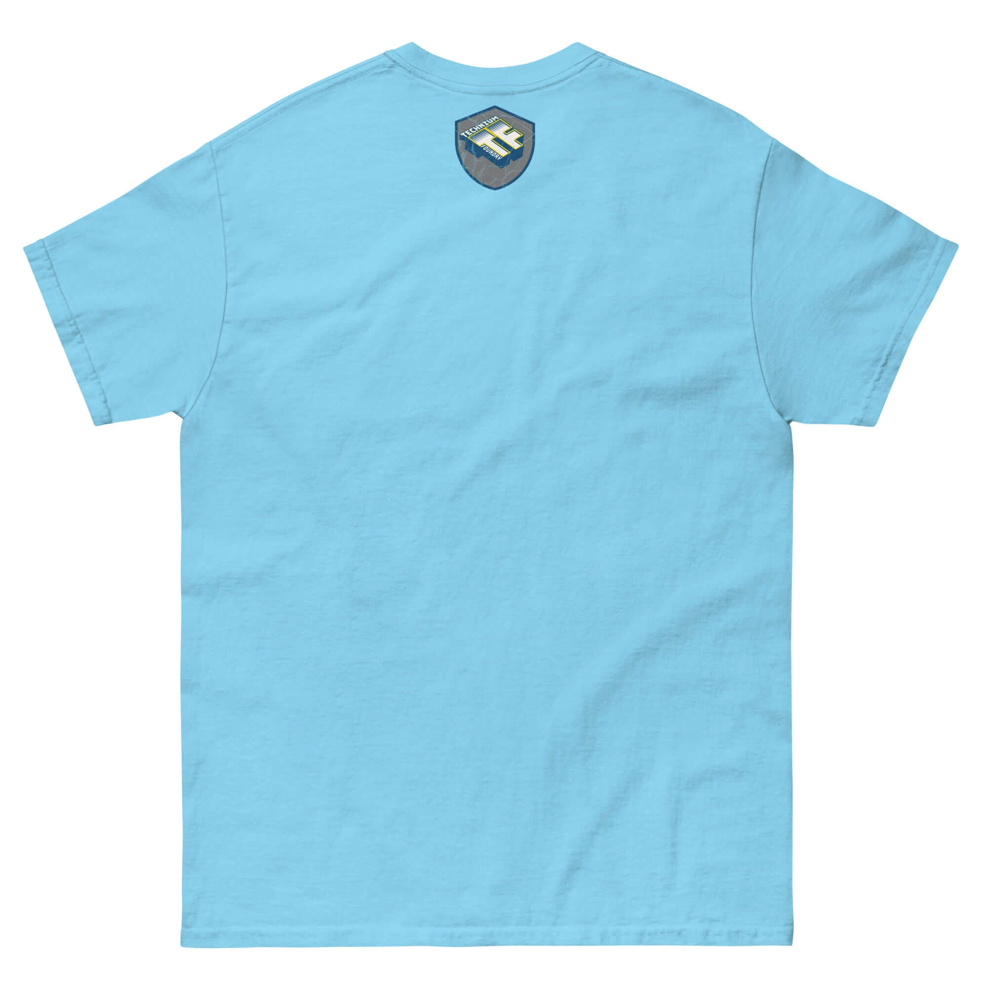 Amish DJ Tee in blue, featuring a unique logo. Combines traditional Amish elements with modern DJ culture. Back view of the shirt.