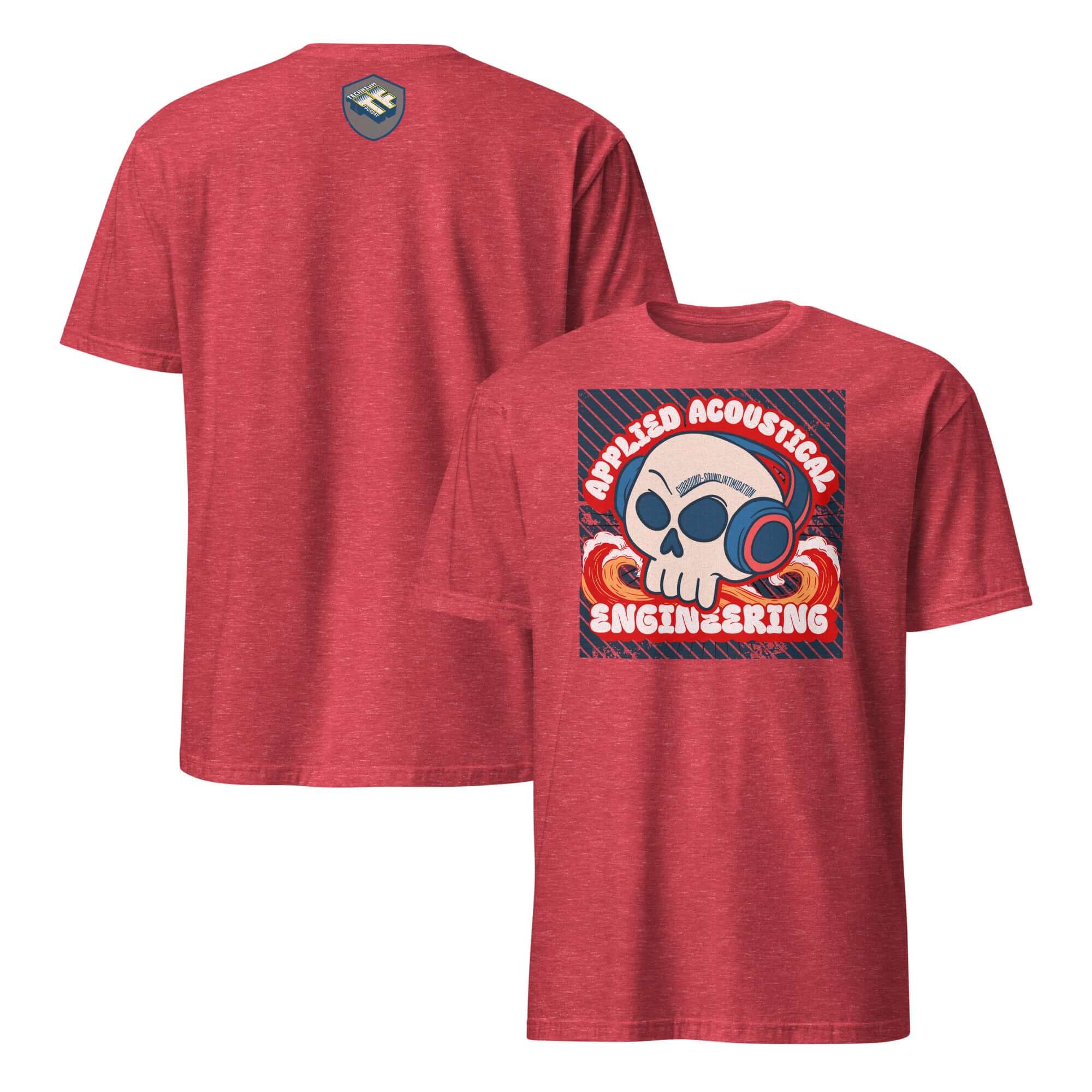 Applied Acoustical Engineering T-Shirt with sound wave skull design and headphones on red fabric, showcasing audio-inspired style.