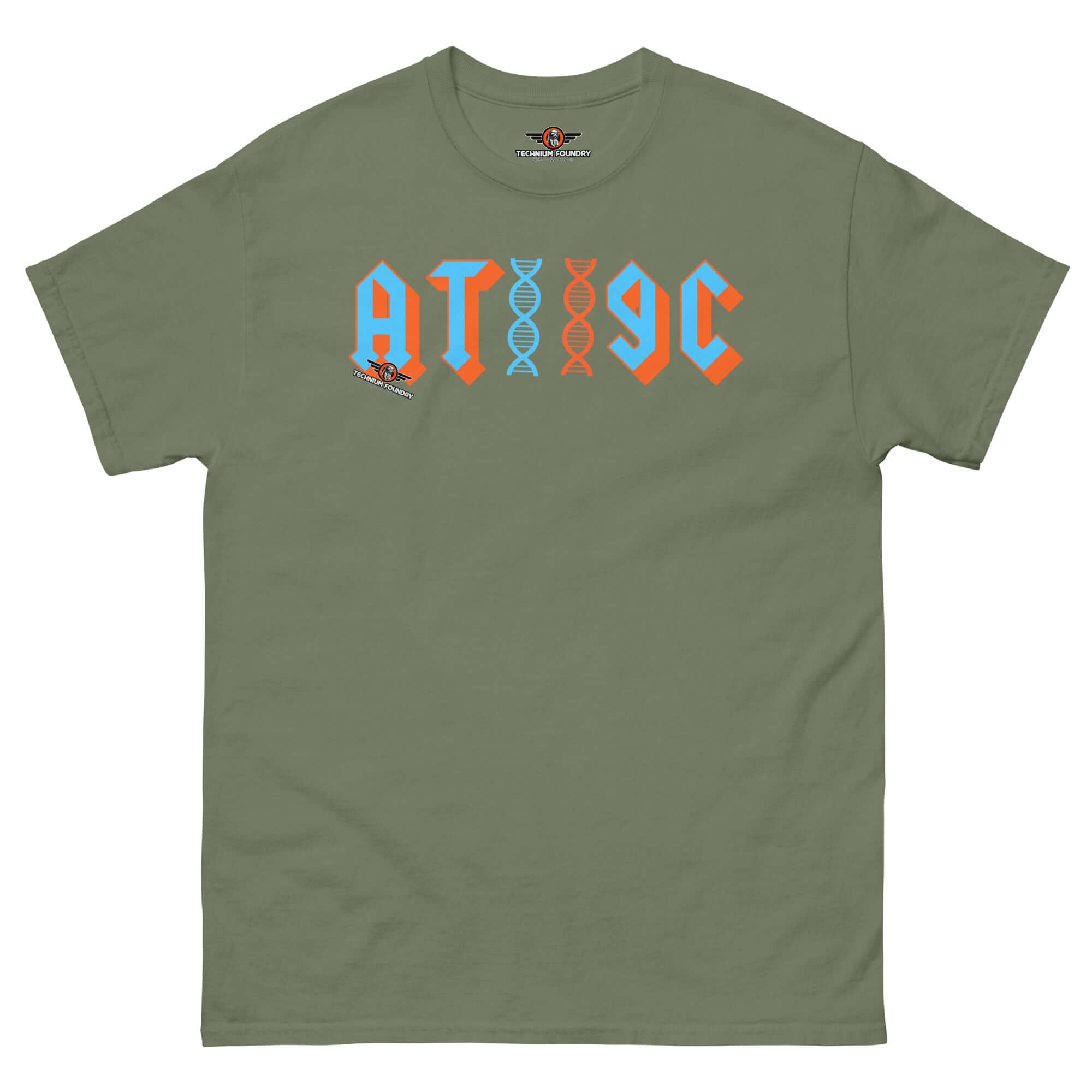 Green t-shirt featuring AT/GC design with DNA helix and metal band typography, blending genetics humor with rock aesthetics.