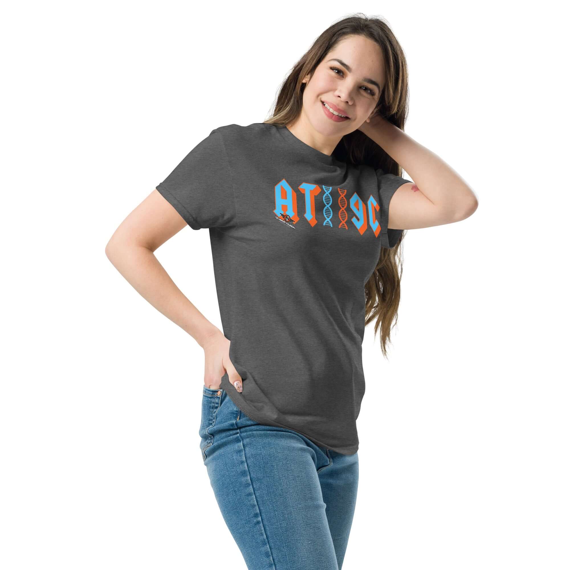 Woman wearing AT/GC rock band DNA t-shirt with genetics science humor design.