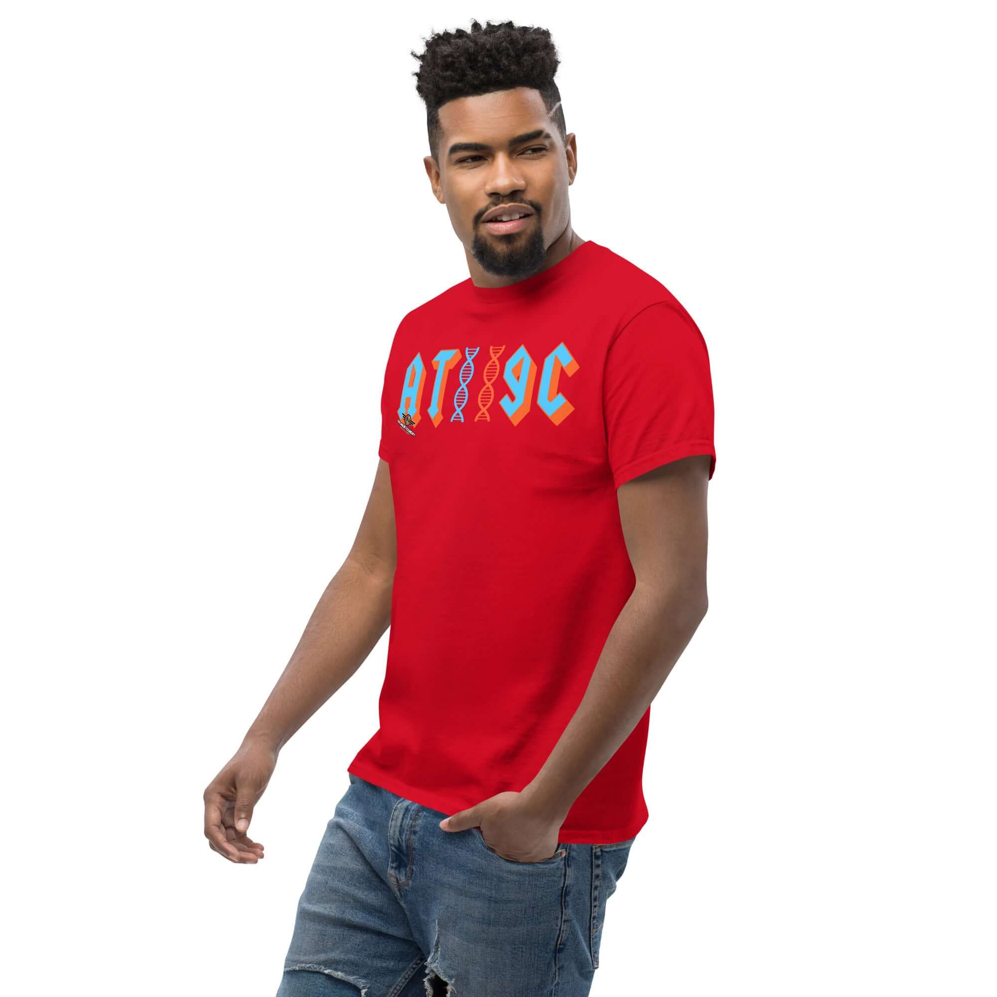 Man wearing red AT/GC DNA rock band t-shirt, featuring heavy metal style with DNA helix design, perfect for genetics enthusiasts.