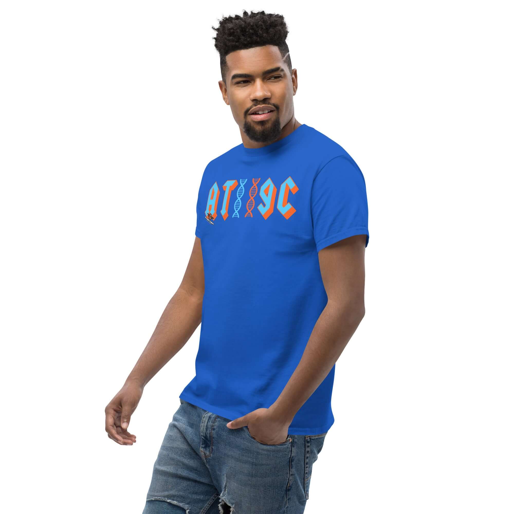 Man wearing AT/GC rock band DNA t-shirt in blue with genetic science humor design, featuring DNA helix and metal band typography.
