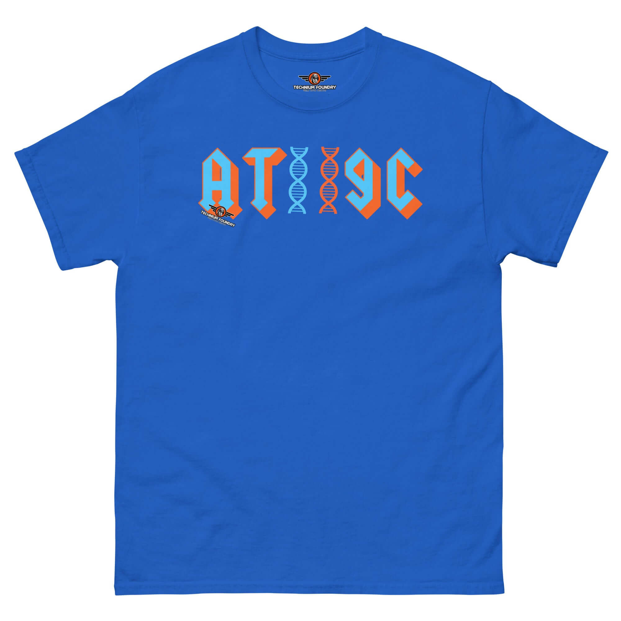 Blue DNA t-shirt featuring metal band style "AT/GC" design with DNA double helix, perfect for genetics and heavy metal enthusiasts.