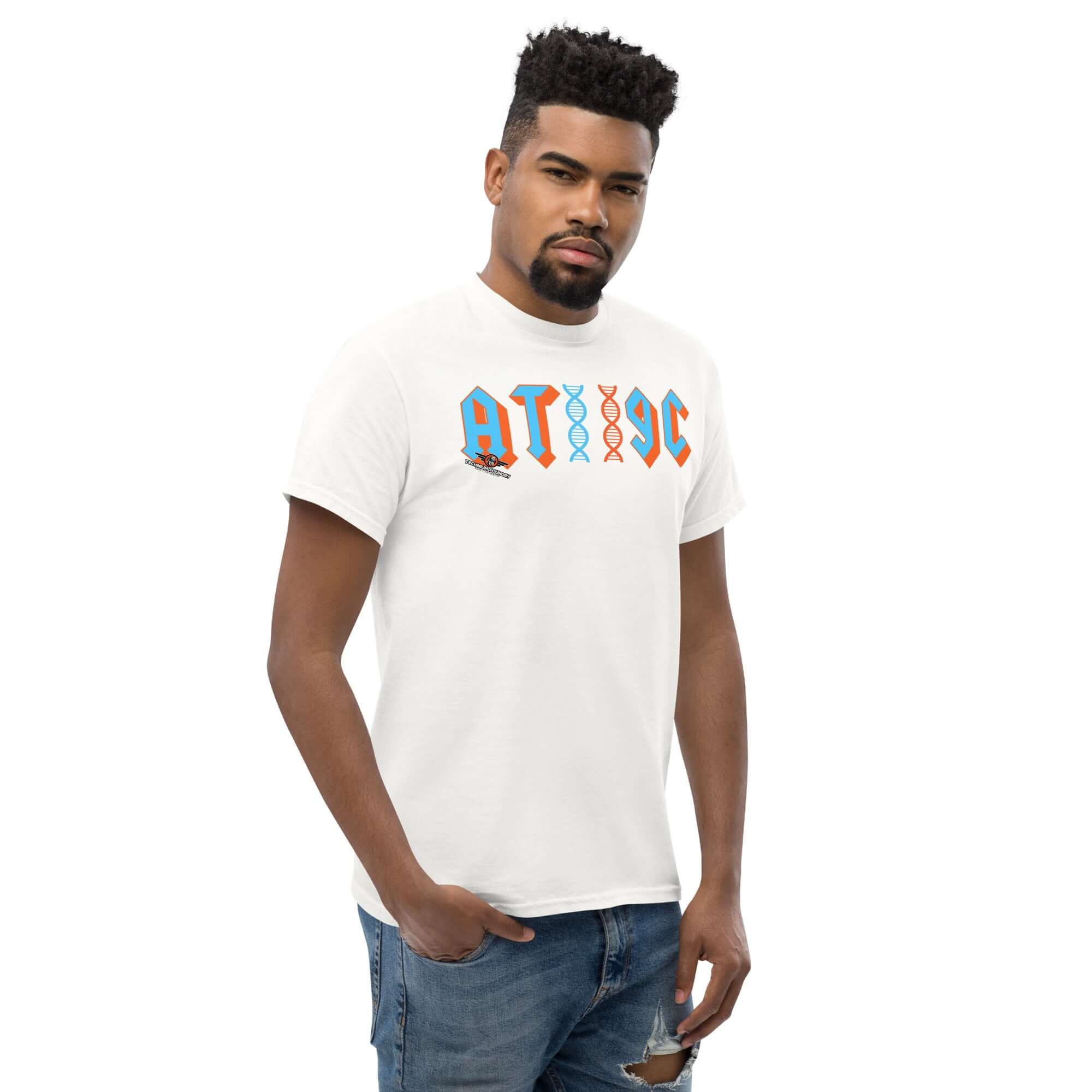 Man wearing AT/GC Rock Band DNA T-Shirt with metal band design and DNA helix, blending genetics and music humor.