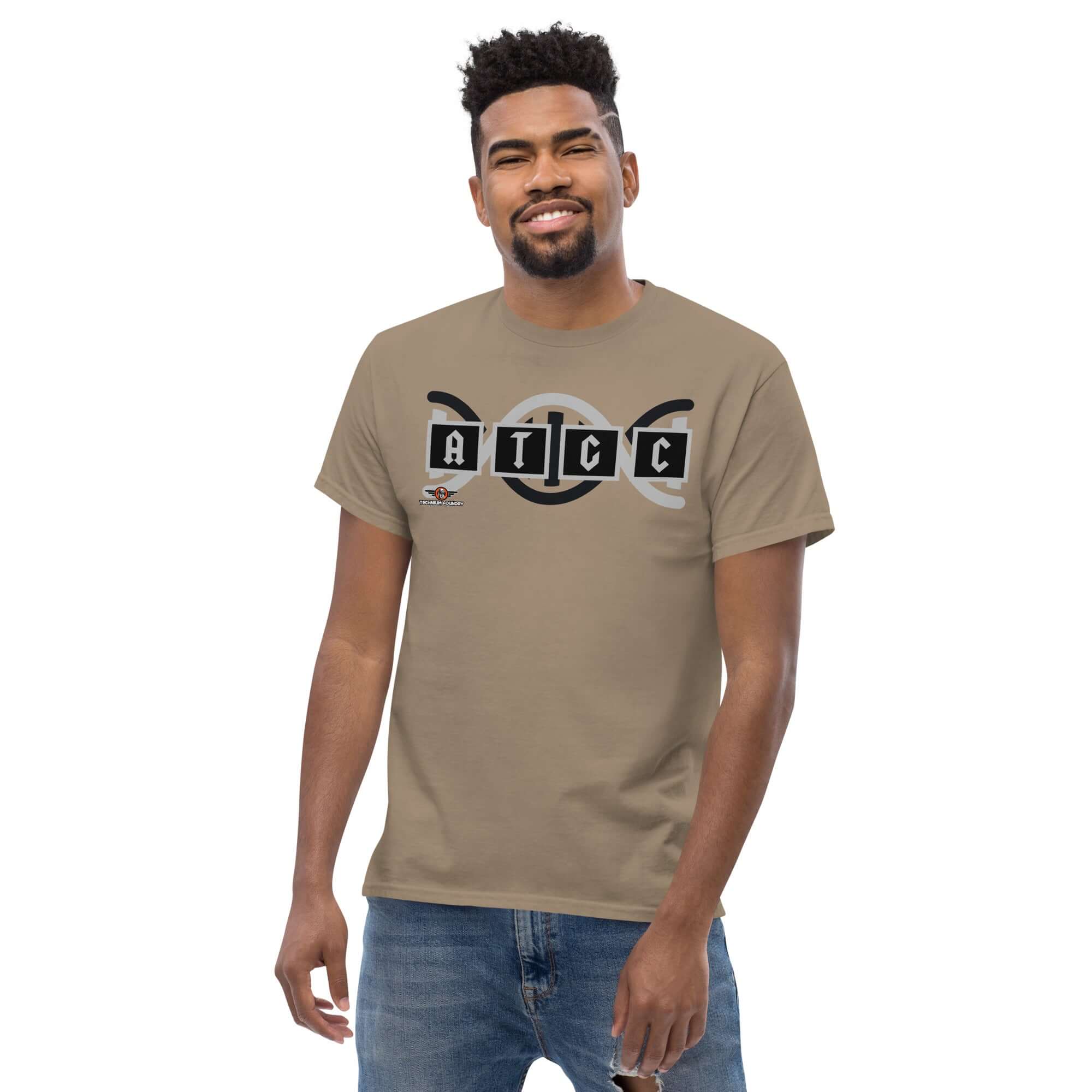 Model wearing AT/GC rock band DNA T-shirt with genetics science humor design, featuring a DNA helix and metal band style.