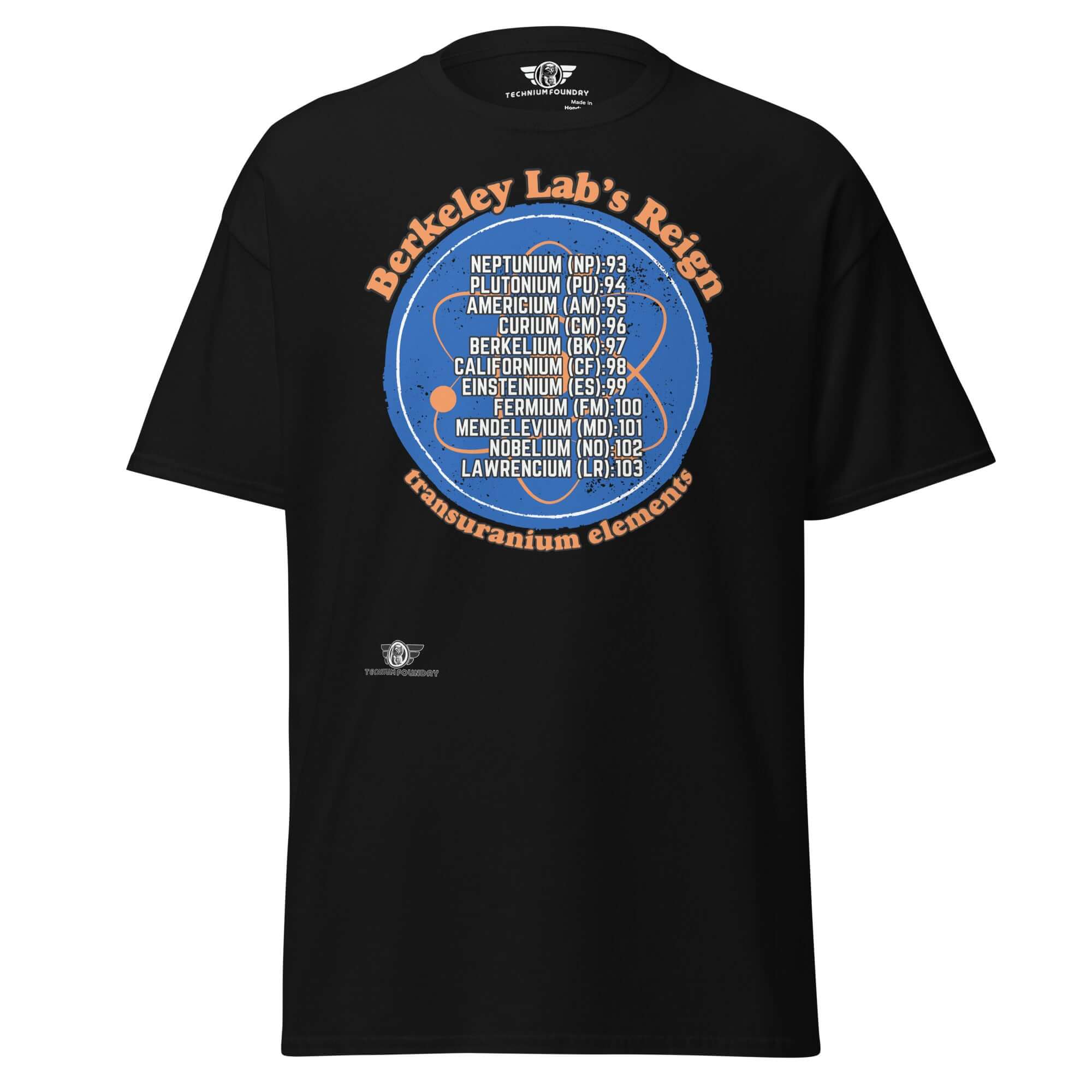 Berkeley Lab's Reign Transuranium Elements Circle Design T-Shirt with atomic numbers 93-103 on a deep blue background.