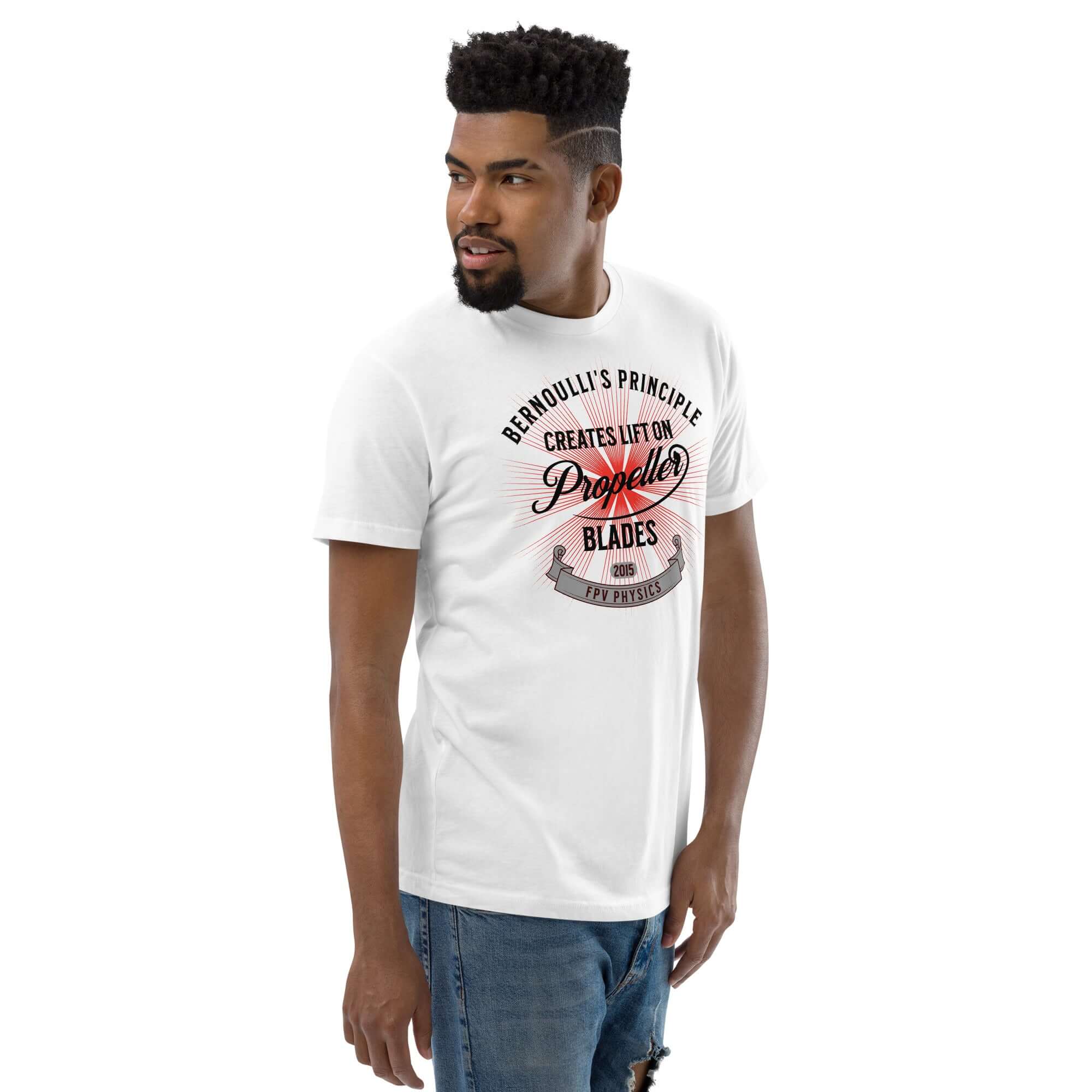 Man wearing a 'Bernoulli's Principle Creates Lift on Propeller Blades' tee, showcasing aerodynamics-inspired drone technology style.