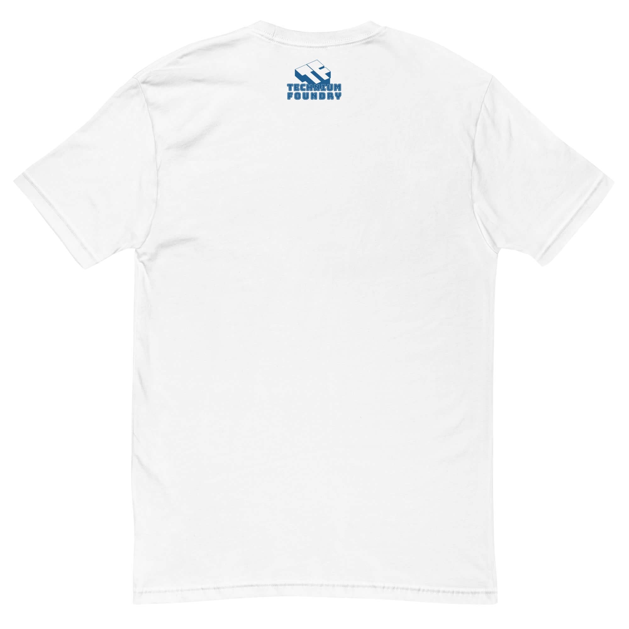 Back view of white drone technology tee with Tech Foundry logo.