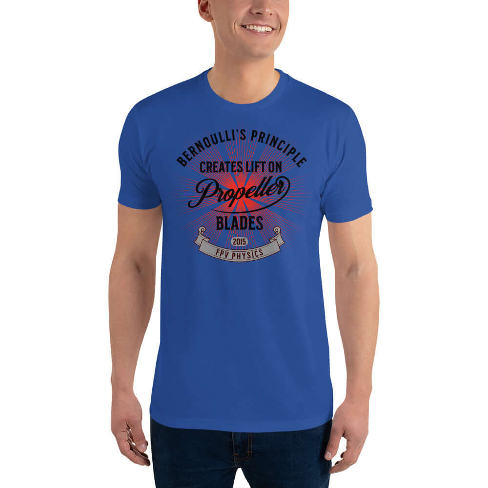 Blue t-shirt with 'Bernoulli's Principle Creates Lift on Propeller Blades' design, ideal for drone enthusiasts and physics lovers.