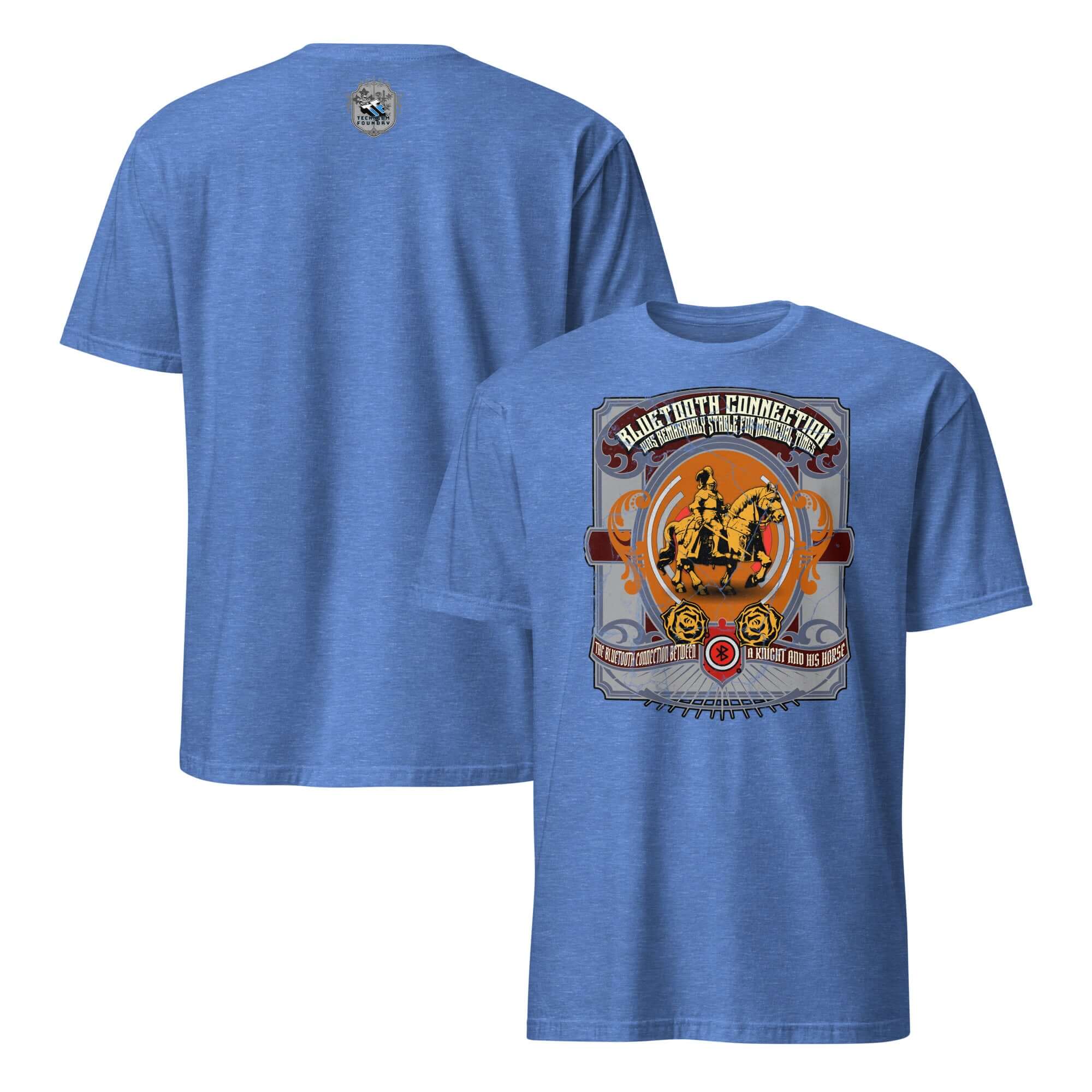 Bluetooth Connection T-shirt featuring a knight on a steed, humorously showcasing medieval tech humor in light blue.