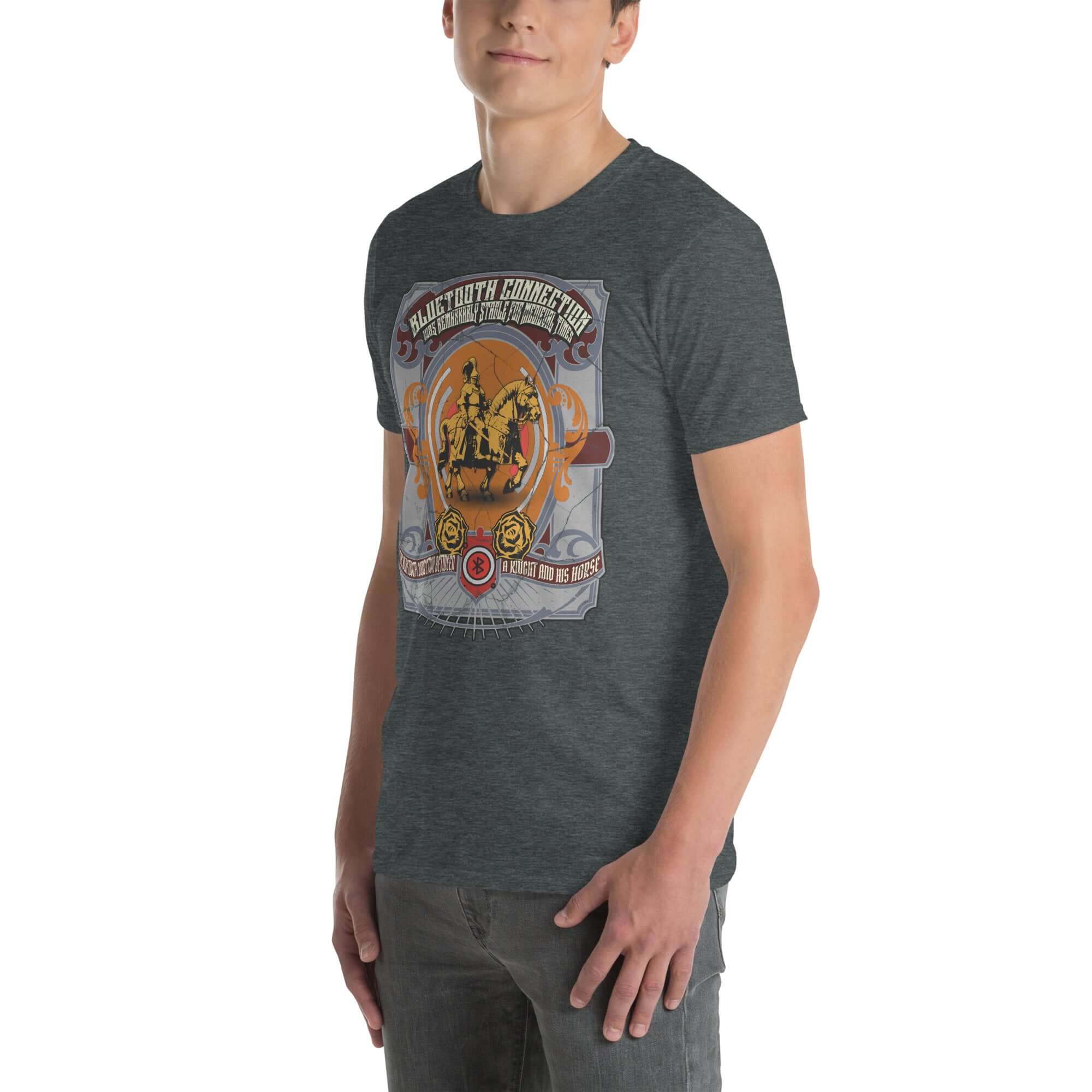 Man wearing Bluetooth Connection T-Shirt with medieval tech humor design of a knight on horseback.