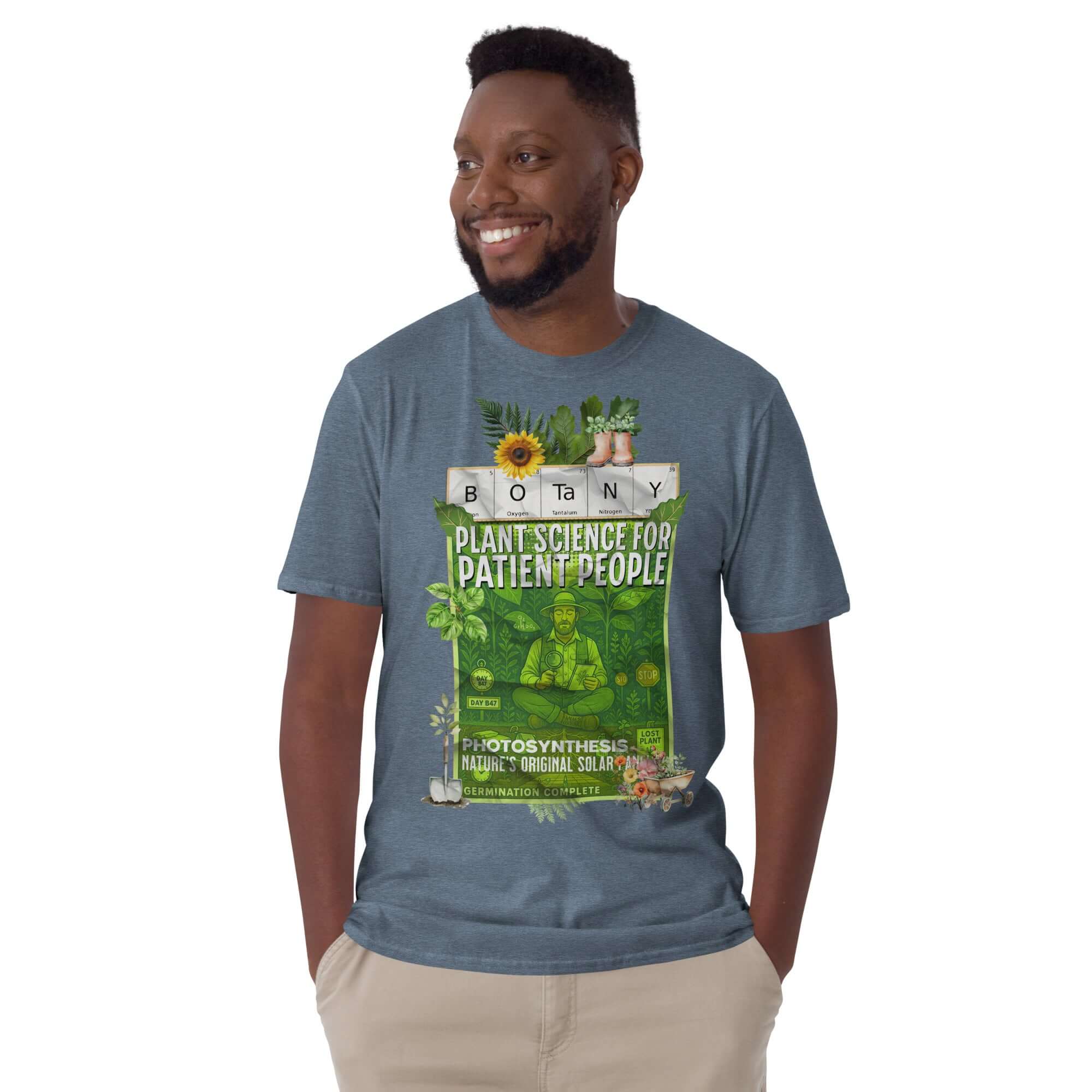 Man wearing a Botany T-Shirt featuring "Plant Science For Patient People" design in green, celebrating peaceful plant science.