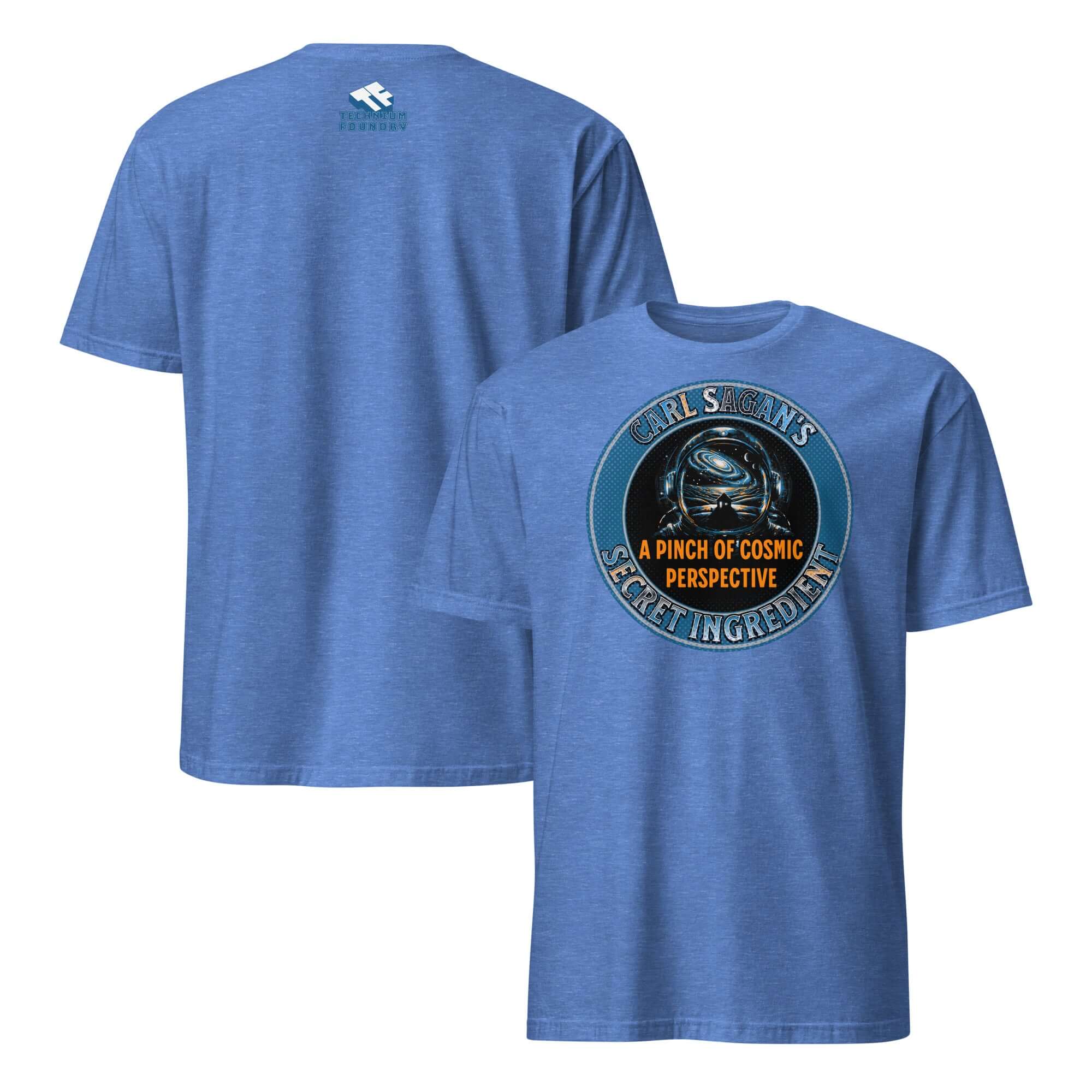 Blue Carl Sagan T-Shirt featuring galaxy reflection in astronaut helmet with text 'A Pinch of Cosmic Perspective'. Back and front view.