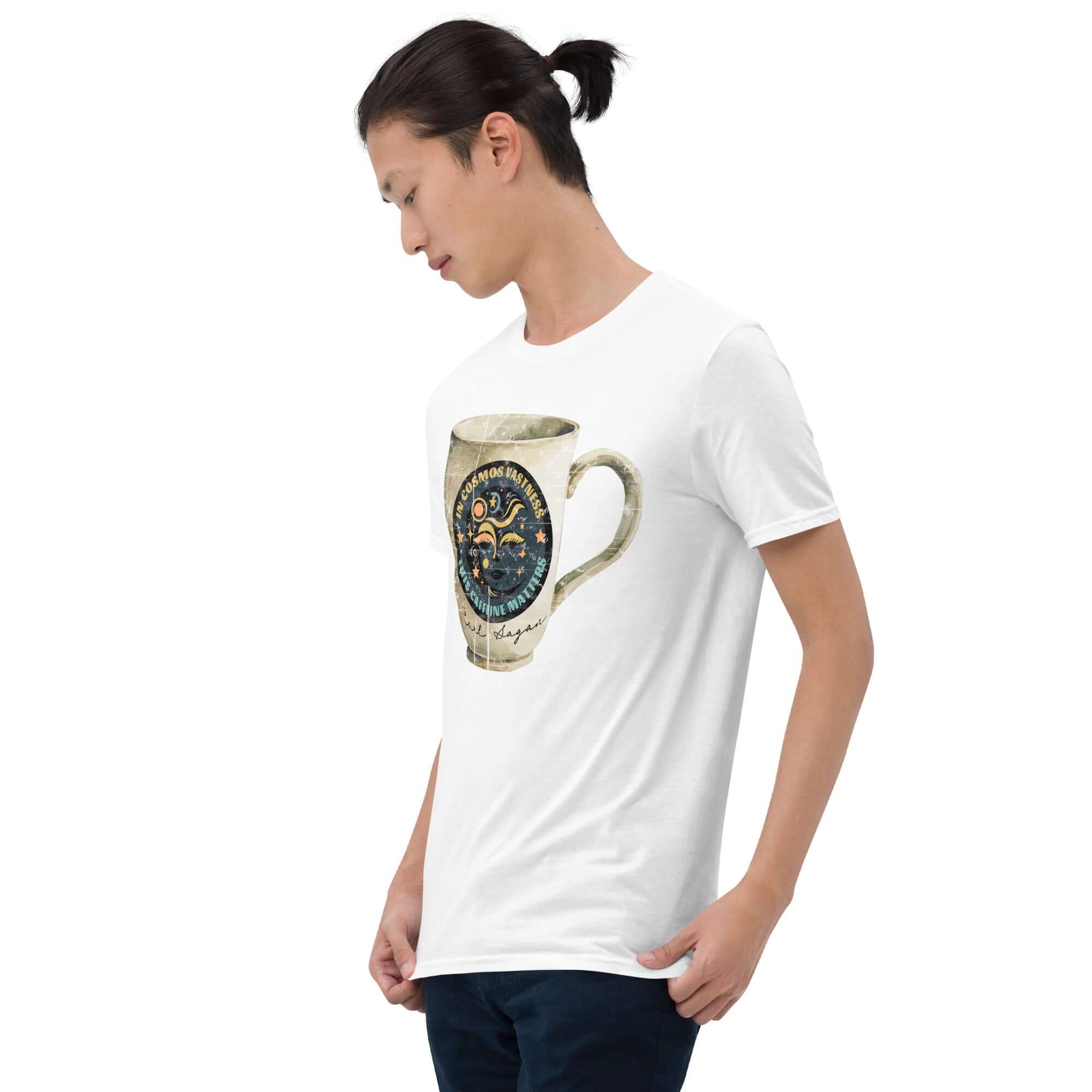 Person wearing Carl Sagan Cosmic Coffee Mug T-Shirt featuring lunar design and cosmic elements, perfect for caffeine and astronomy lovers.