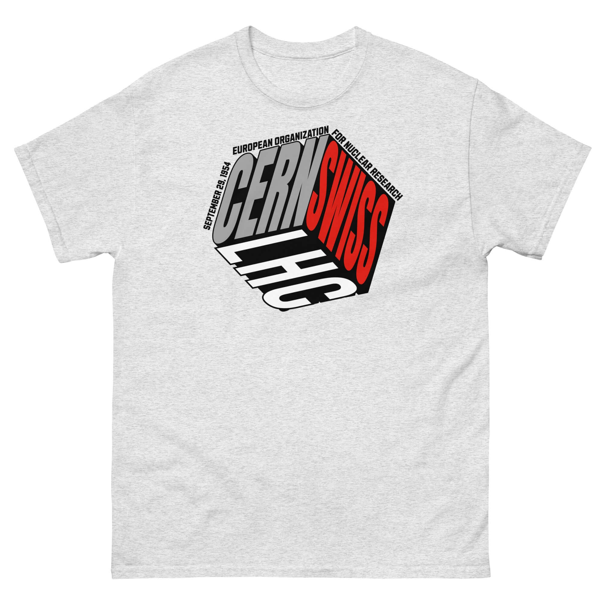 CERN/Swiss Physics Cube T-Shirt featuring an olive-green design with a mind-bending CERN logo cube. Perfect for physics enthusiasts.