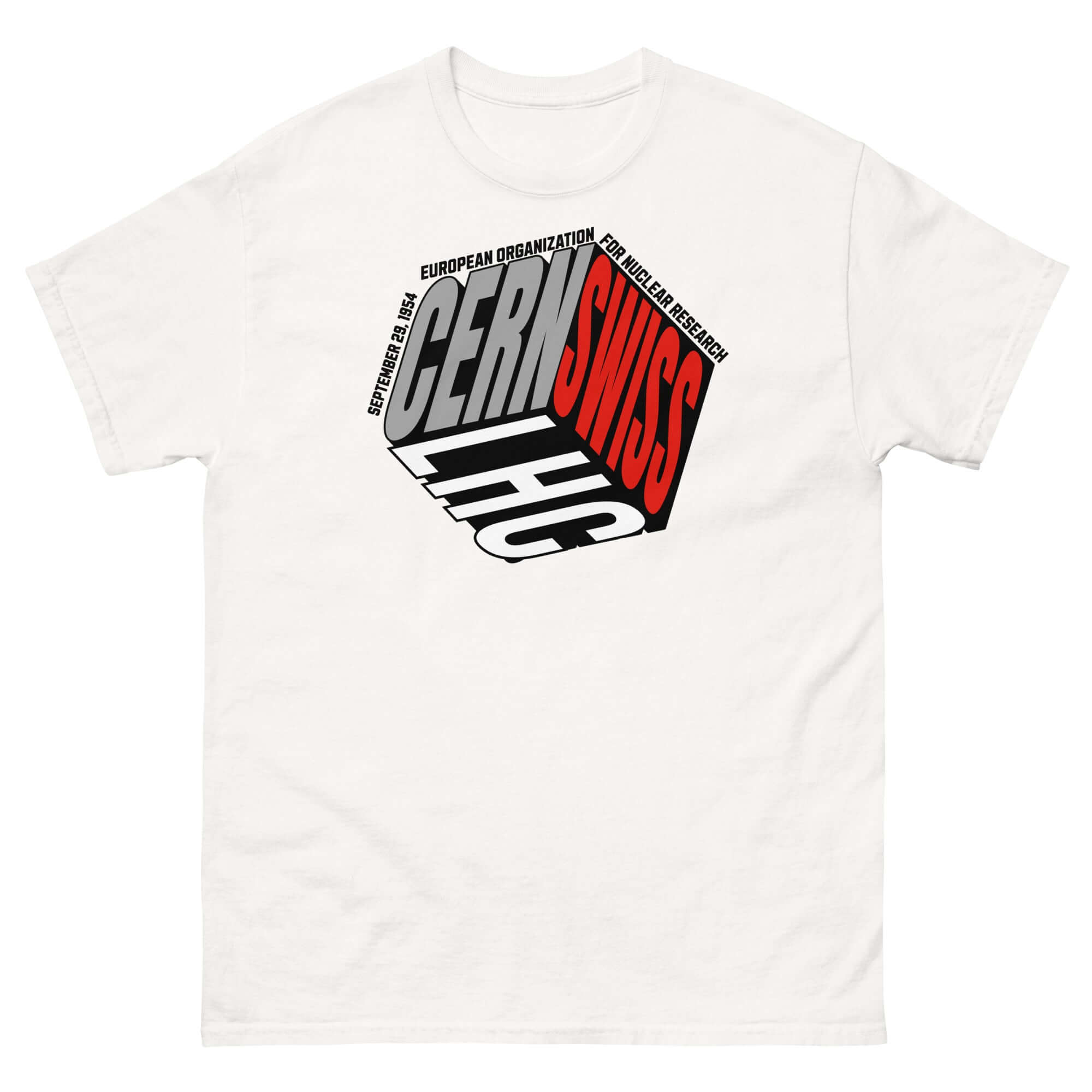 CERN/Swiss Physics Cube T-Shirt with olive-green CERN logo cube design, merging fashion with particle physics style.