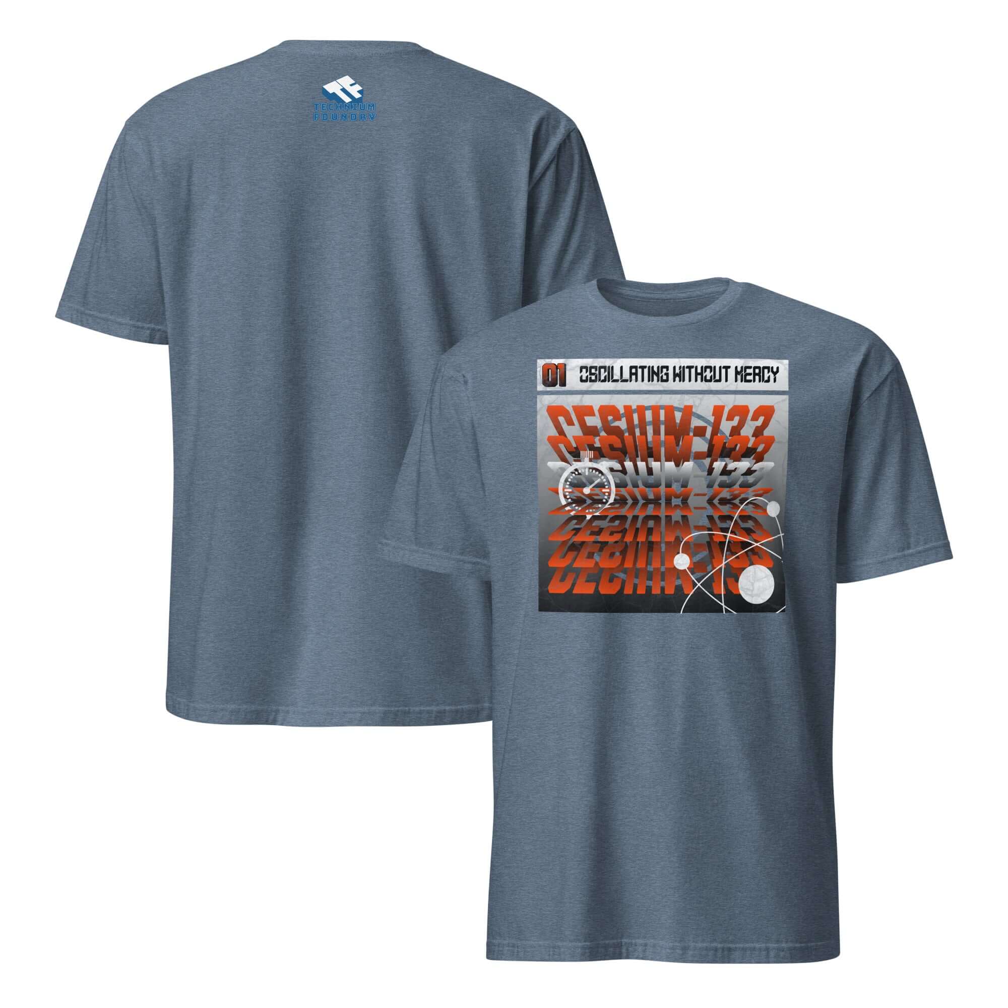 Cesium-133 Oscillation T-Shirt with Atomic Clock Design and Perspective-Shifting Typography in Industrial Style