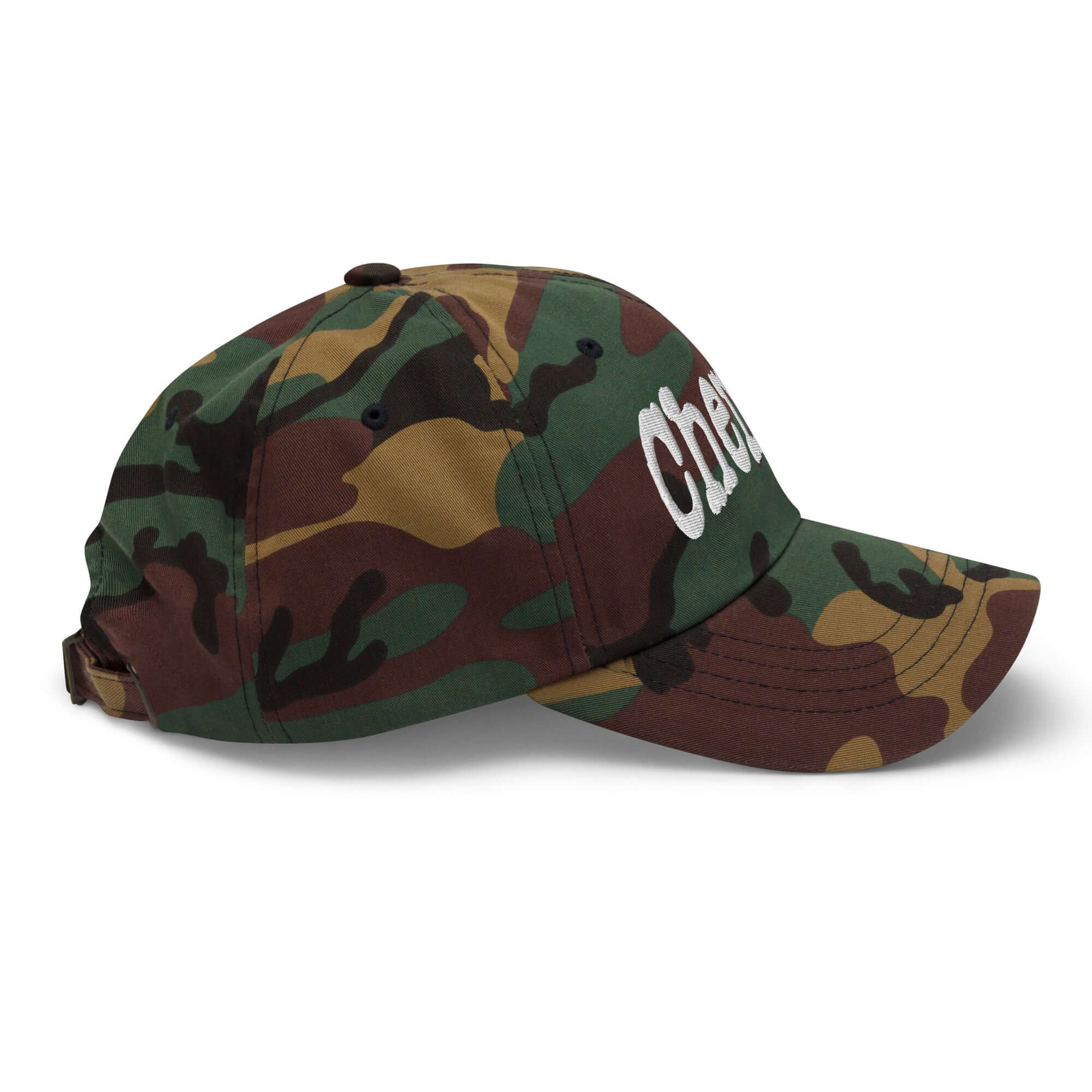 Camo Chemist Baseball Cap - Professional Atom-Wrangling Headwear, side view showing "CHEMIST" text, perfect for chemistry enthusiasts.