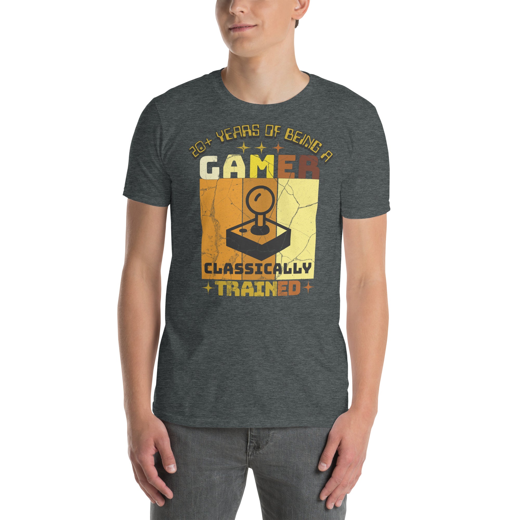Classically Trained Gamer T-Shirt with Retro Controller Design, acknowledging 20+ years of gaming experience, worn by model.