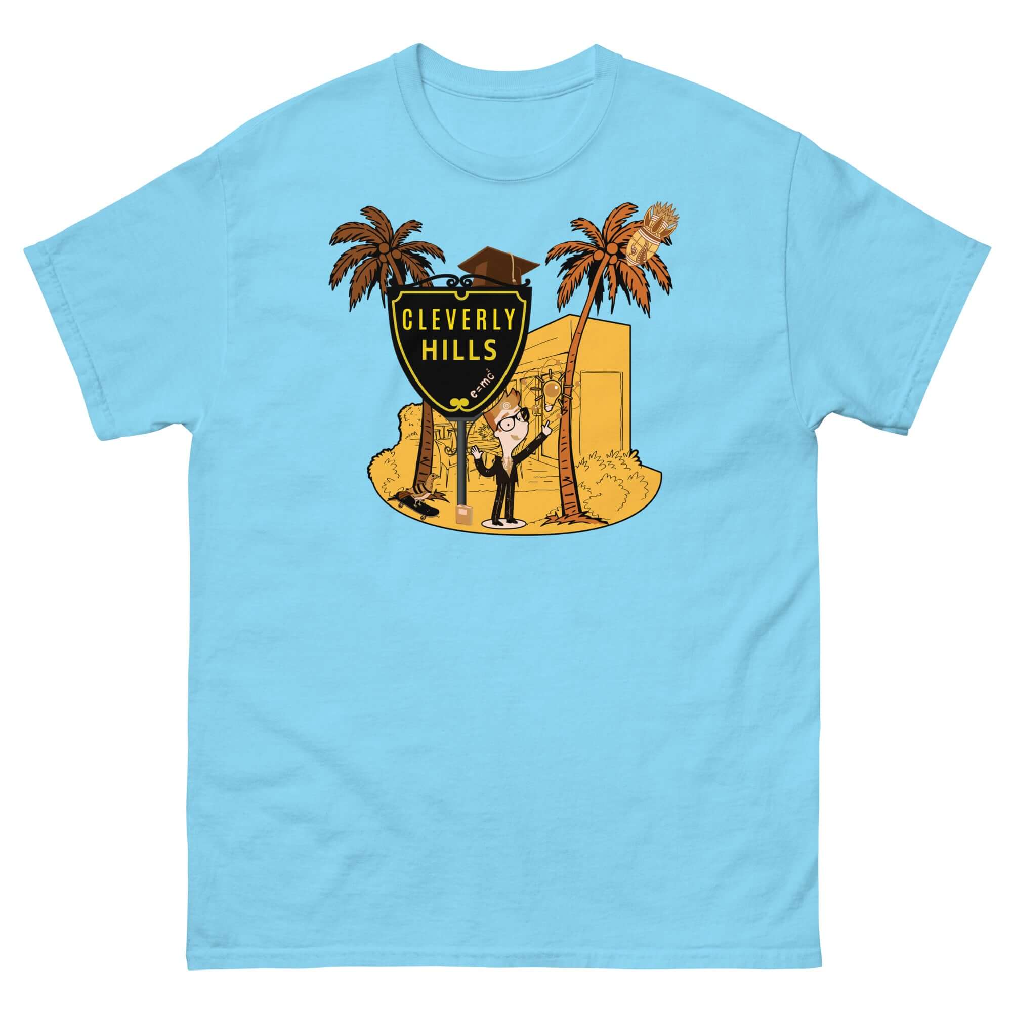 Cleverly Hills E=mc² T-Shirt featuring Einstein and Beverly Hills parody design, perfect for science enthusiasts and humor fans.