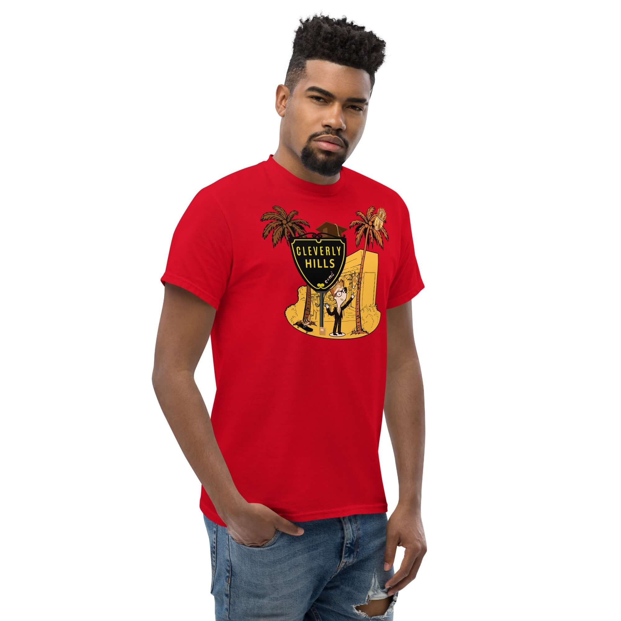 Man wearing Cleverly Hills E=mc² T-shirt with Beverly Hills science parody design in red.