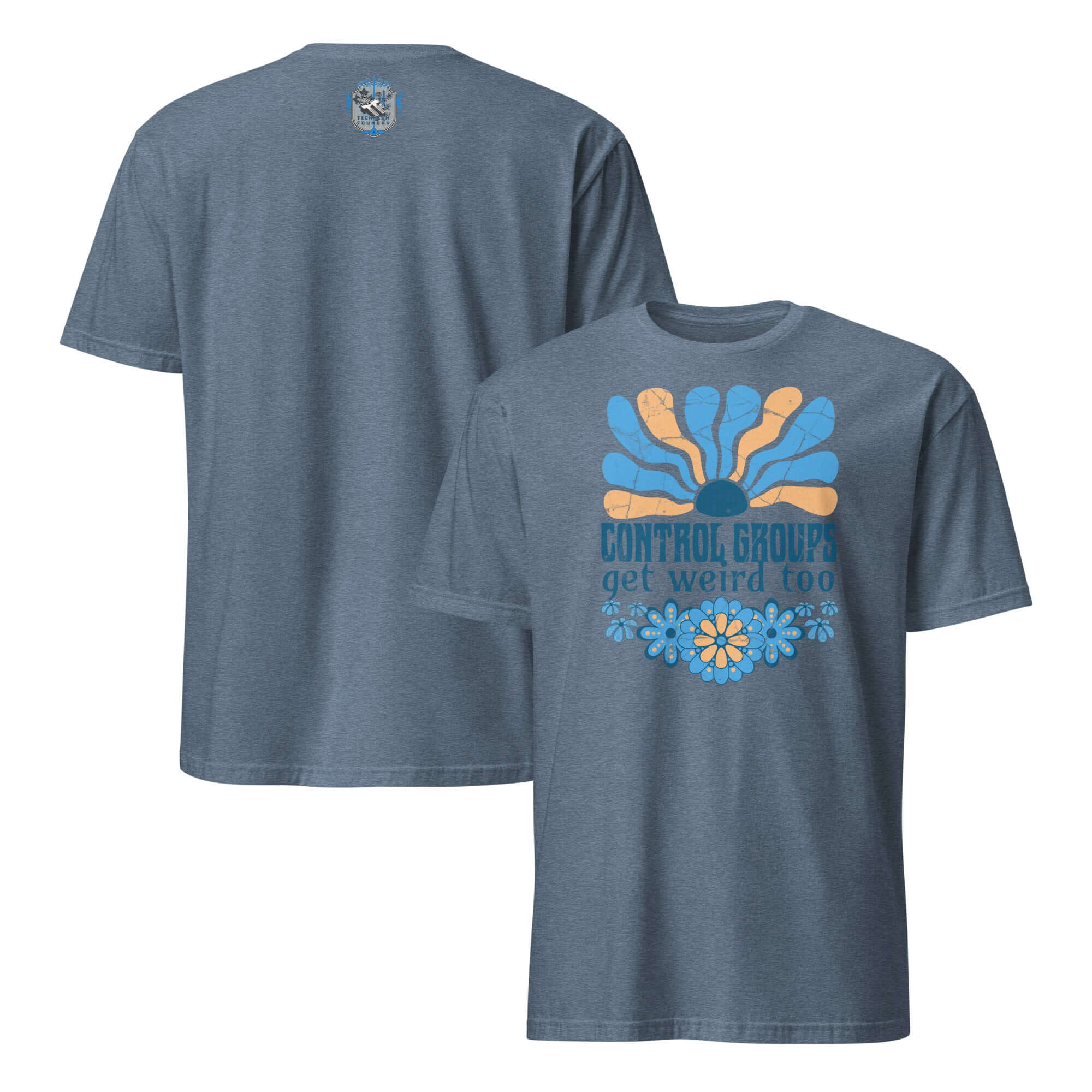 Retro science humor t-shirt with 'Control Groups Get Weird Too' design, 70s-inspired blue and orange sunburst, front and back view.