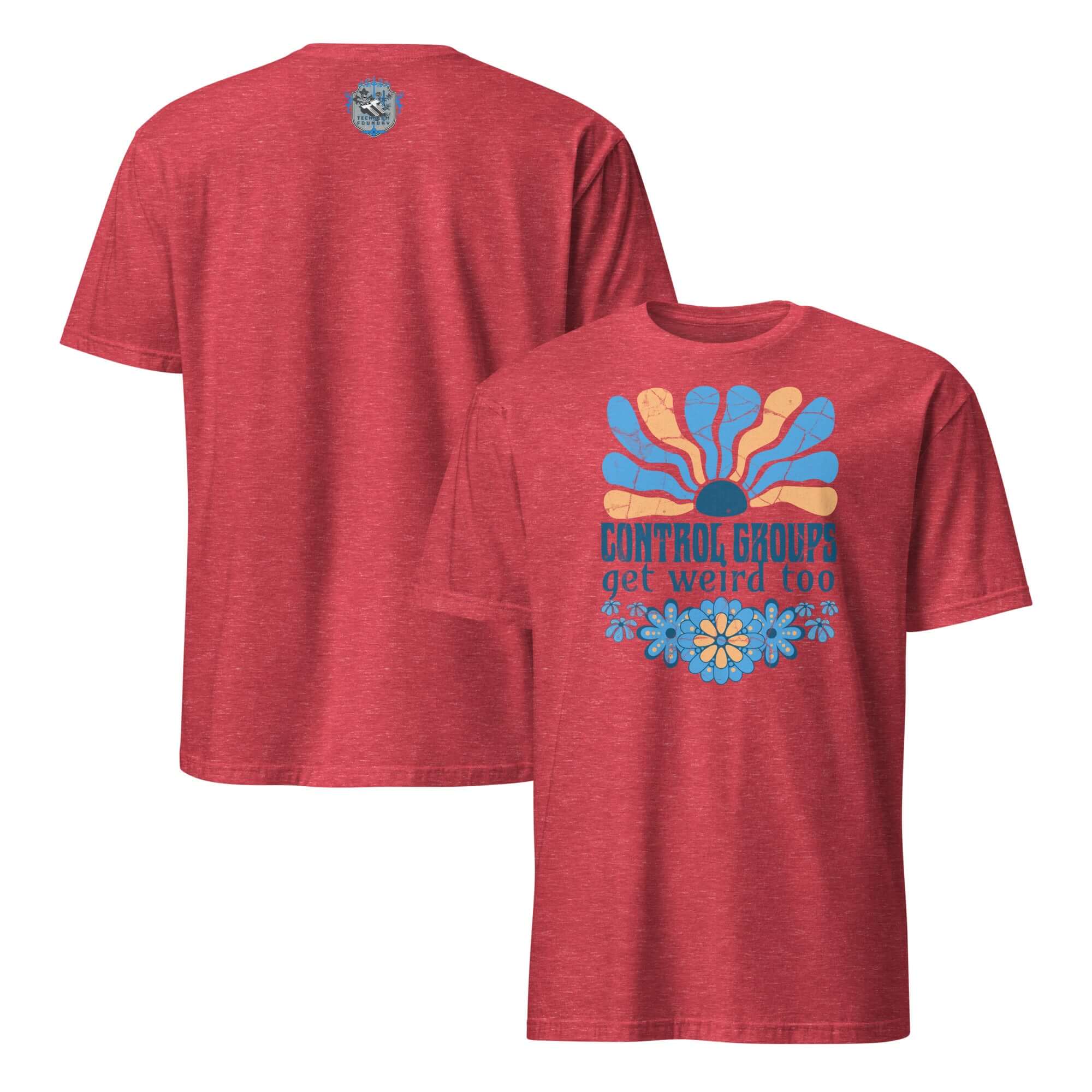 Retro science humor t-shirt with 'Control Groups Get Weird Too' design, featuring a 70s blue and orange sunburst on a red shirt.
