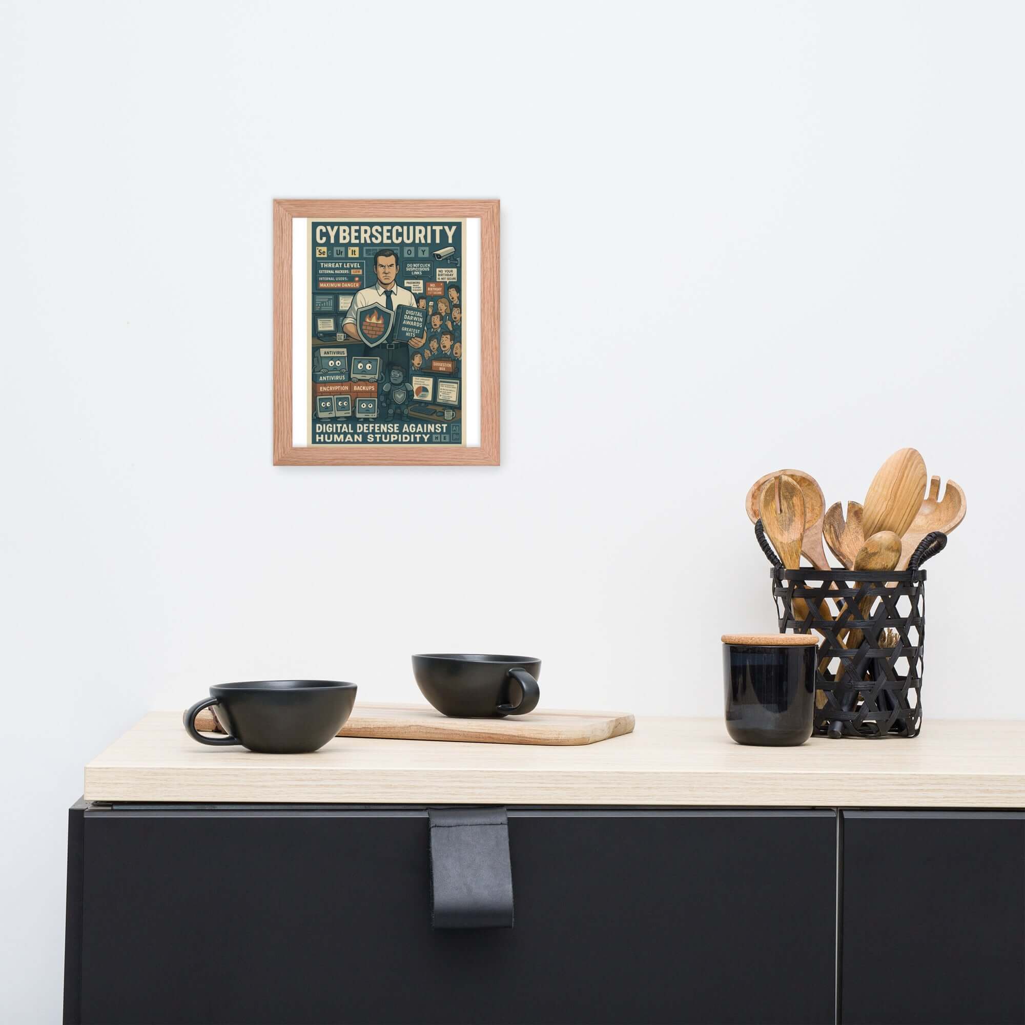 Kitchen wall with Cybersecurity vintage poster, showcasing digital defense humor against human stupidity, surrounded by minimalist decor.