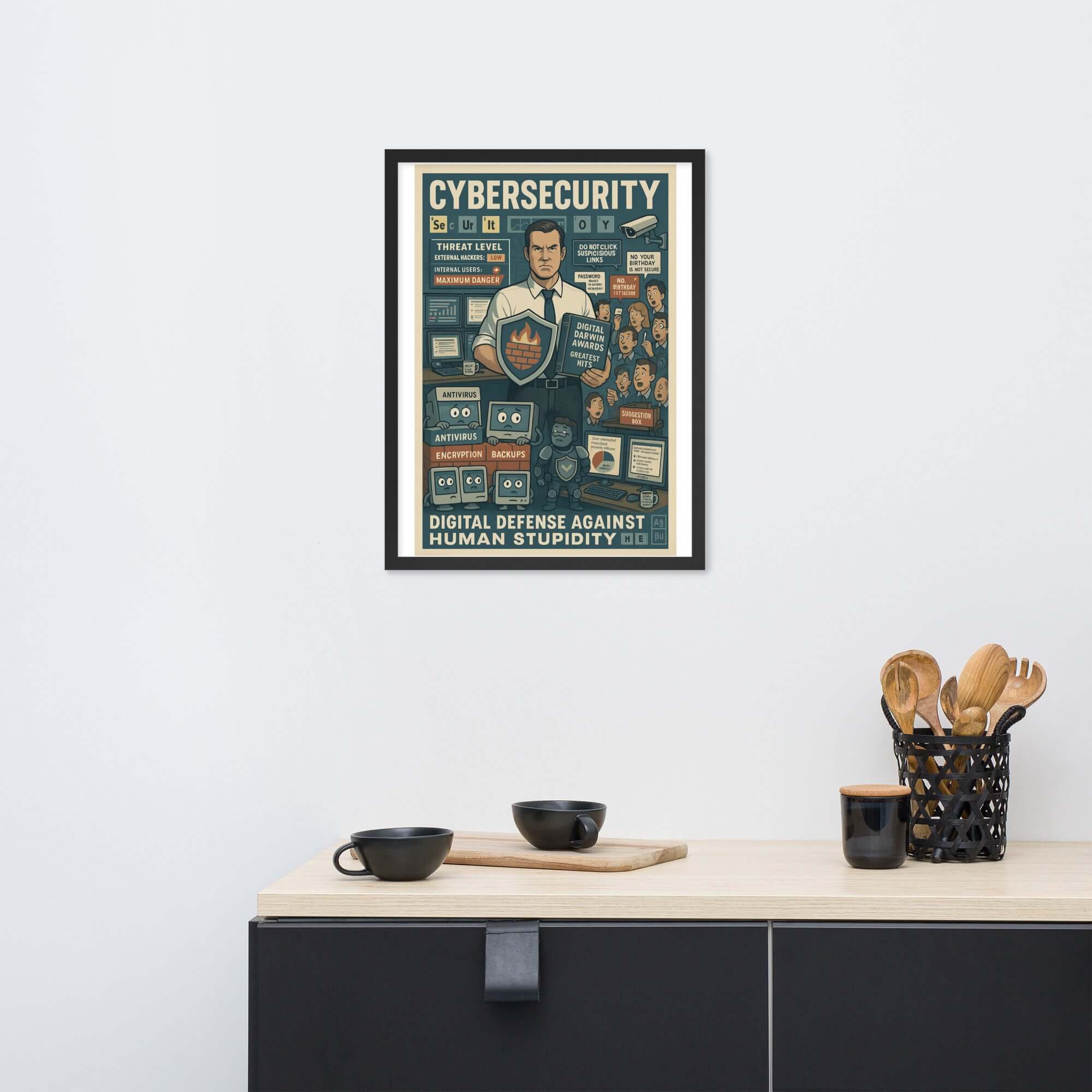 Cybersecurity wall poster featuring digital defense theme against human error, styled as vintage propaganda art.