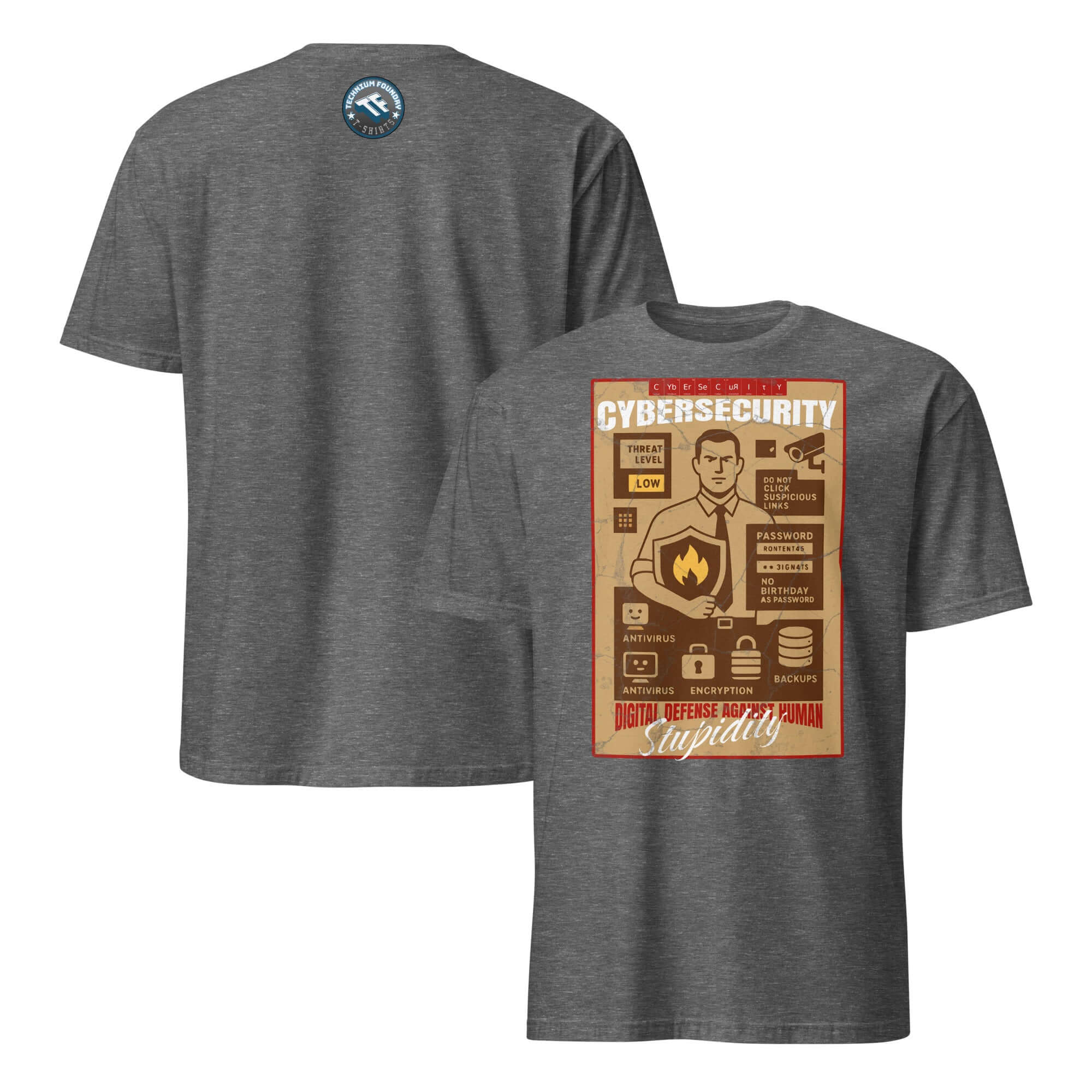 Cybersecurity T-Shirt featuring 'Digital Defense Against Human Stupidity' design, celebrating digital warriors and security awareness.