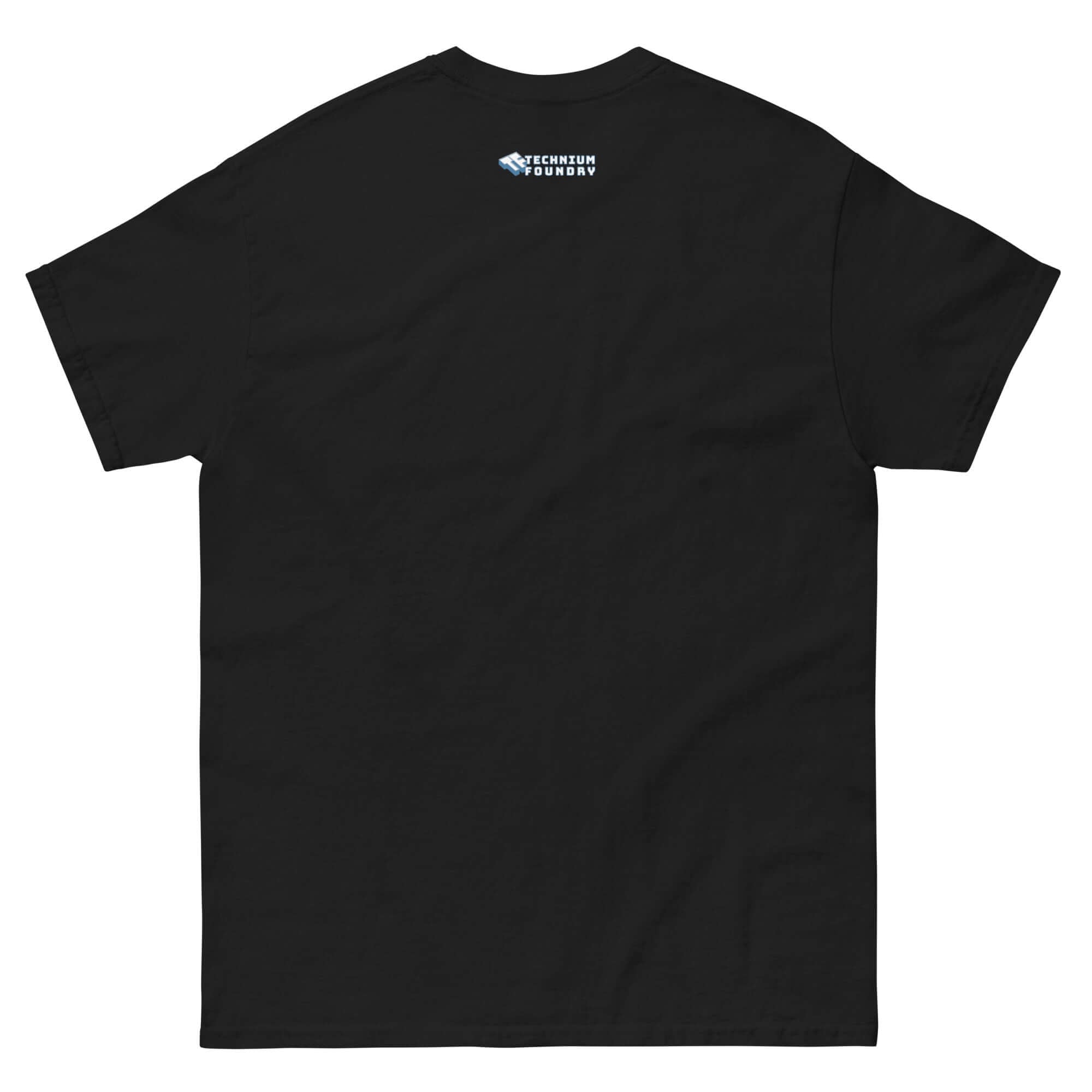 Back view of black Defense Time Traveling Knights T-Shirt featuring a small logo below the collar.