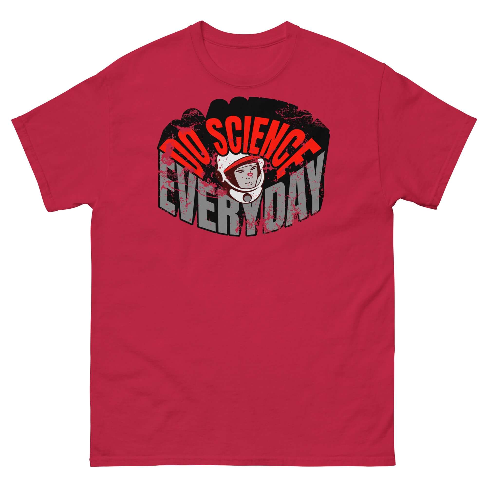 Red 'Do Science Every Day' t-shirt with retro astronaut graphic, blending space exploration and fashion.
