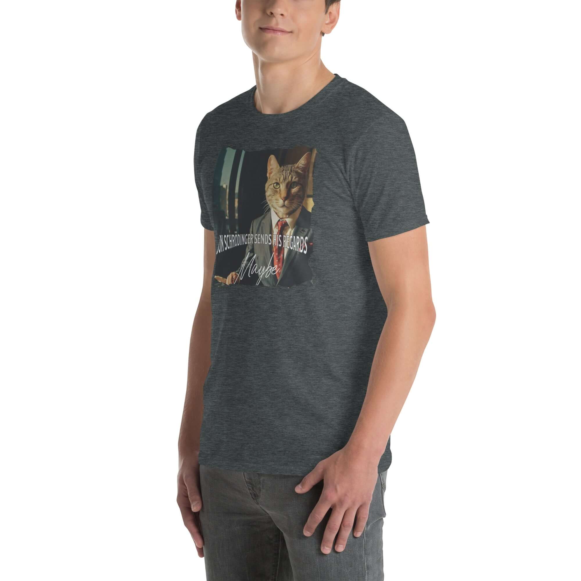 Man wearing a green t-shirt featuring a cat as a crime boss with text 'Don Schrödinger Sends His Regards... Maybe' in a humorous physics theme.