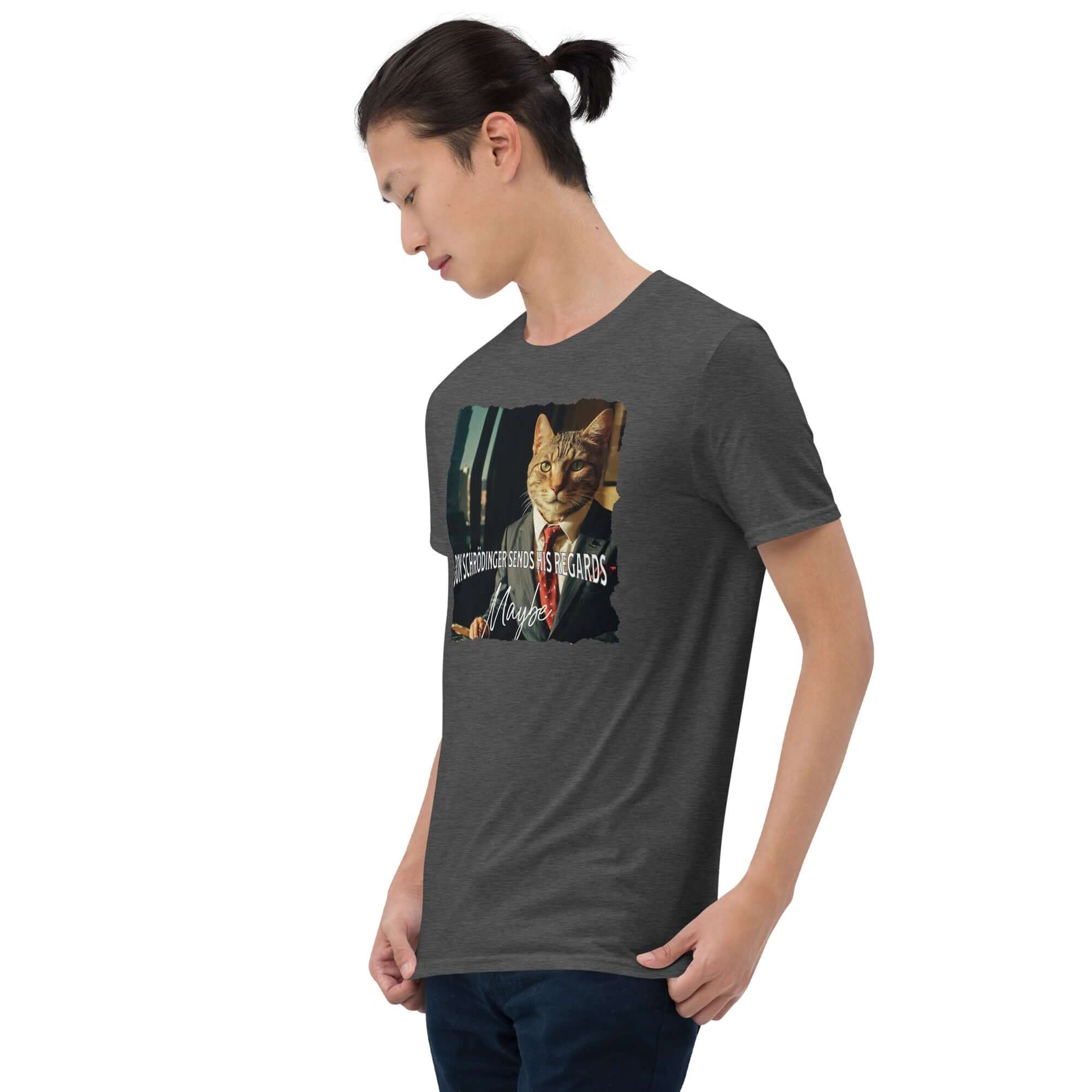 Don Schrödinger Quantum Cat Crime Boss T-Shirt - Physics Humor in crimson with cat graphic, perfect for geeky fun fashion.