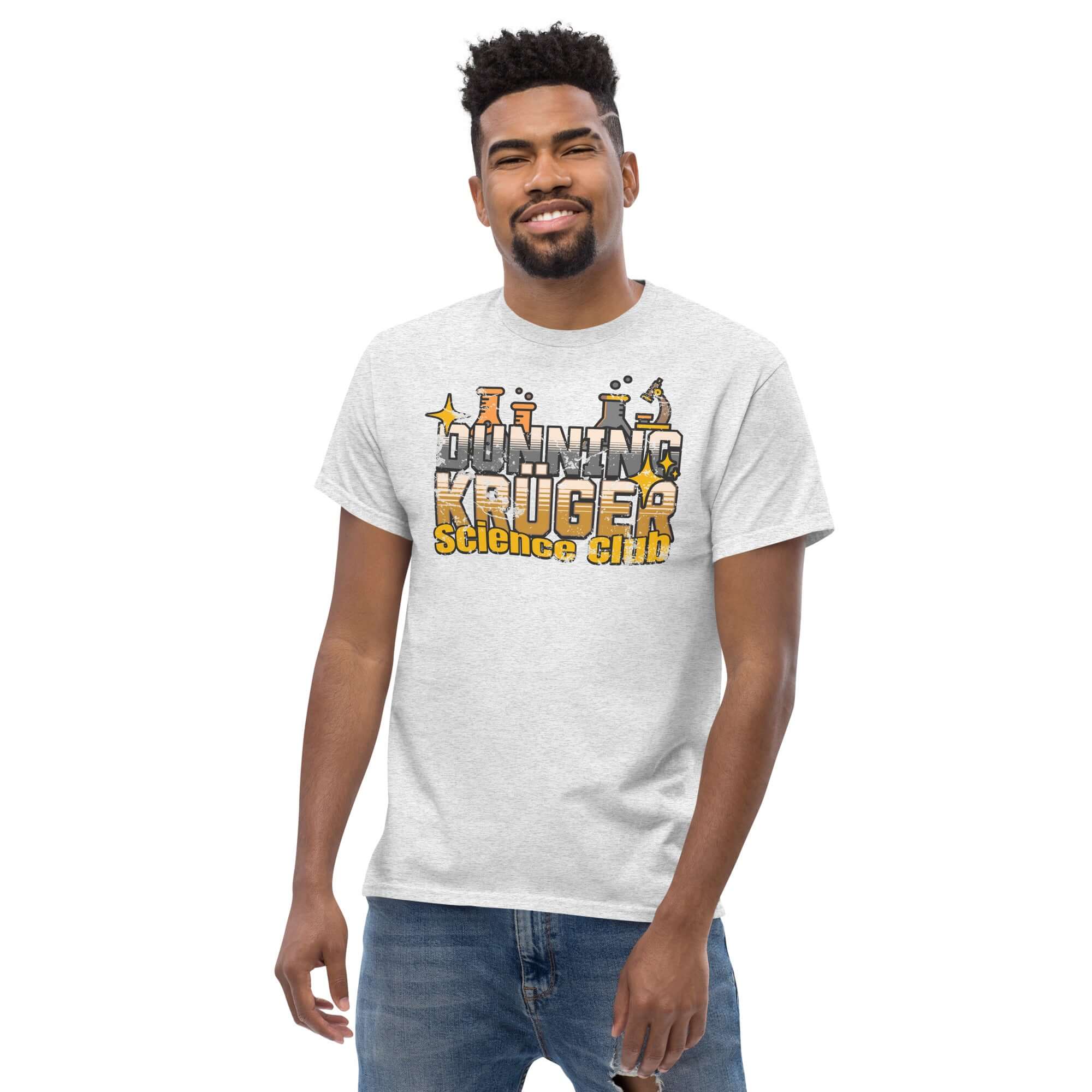 Man wearing Dunning-Kruger Science Club t-shirt with metallic gradient text, representing cognitive bias apparel.