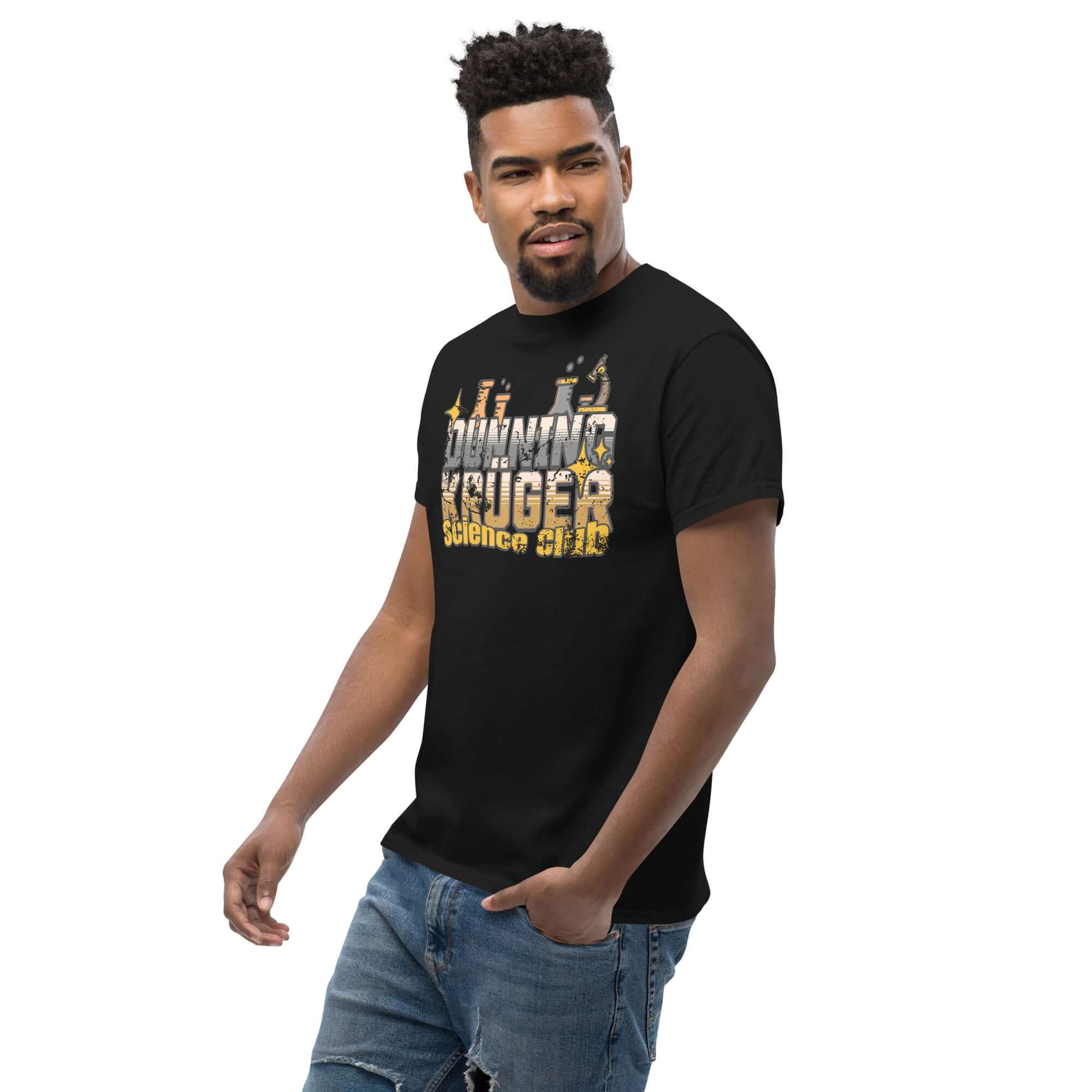Man wearing Dunning-Kruger Science Club T-shirt with metallic gradient text, part of cognitive bias themed apparel collection.