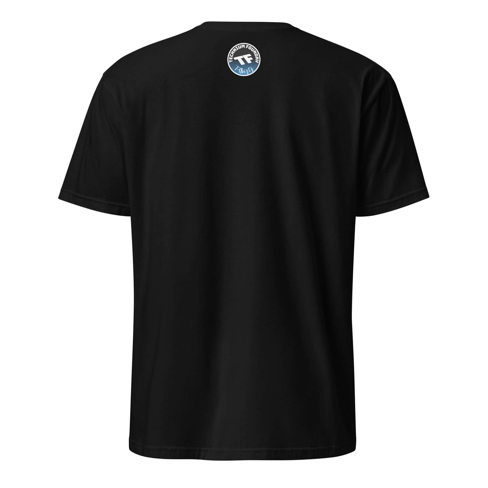 Back view of 'Easily Distracted By Quantum Physics' T-shirt showing logo on black fabric, perfect for scientific ADHD humor lovers.
