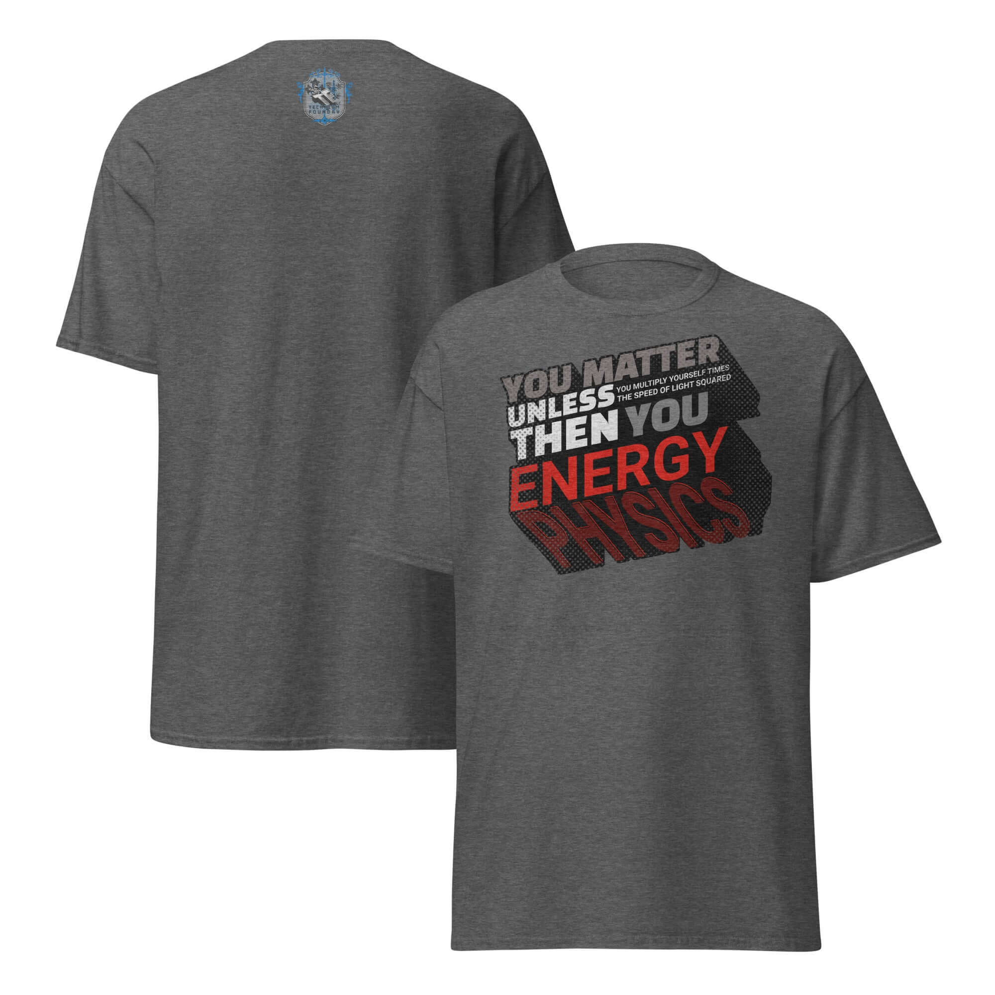 Front and back view of Einstein's E=mc² Word Equation T-Shirt featuring a clever physics humor design with typography in bold colors.