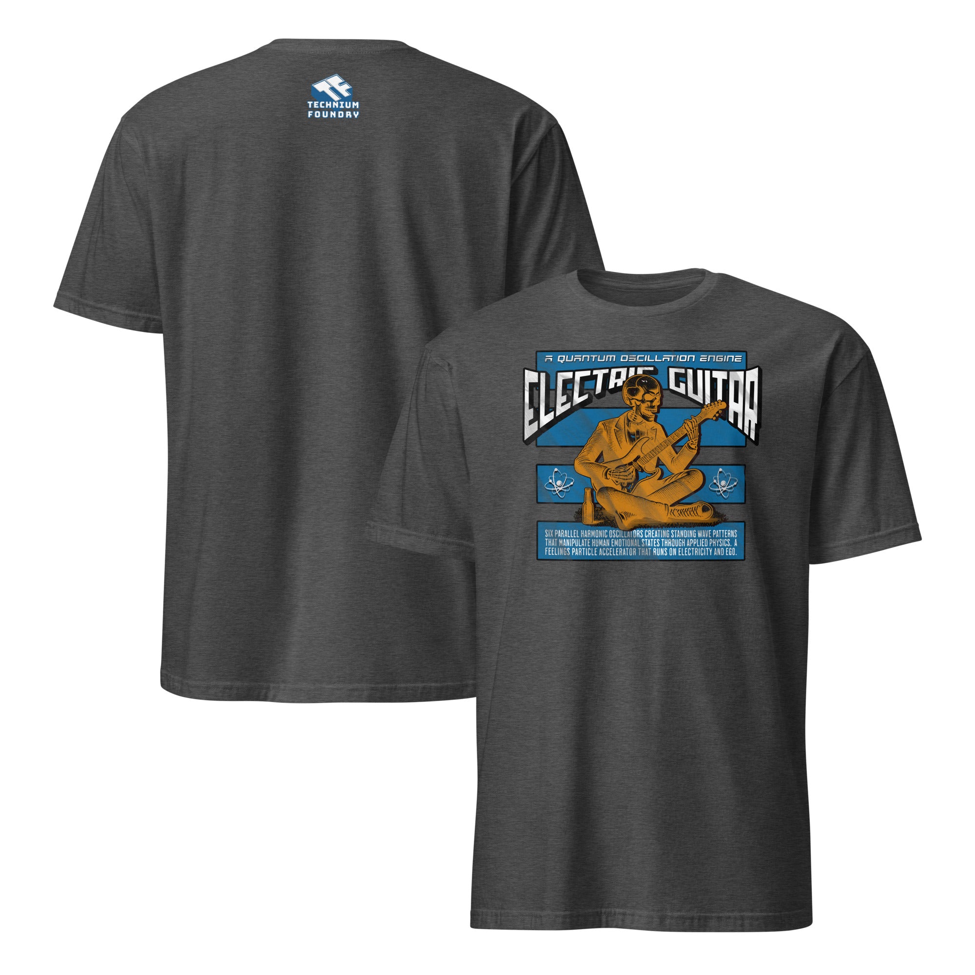 Electric Guitar Quantum Oscillation Engine T-Shirt featuring humorous physics and music design, front and back view.