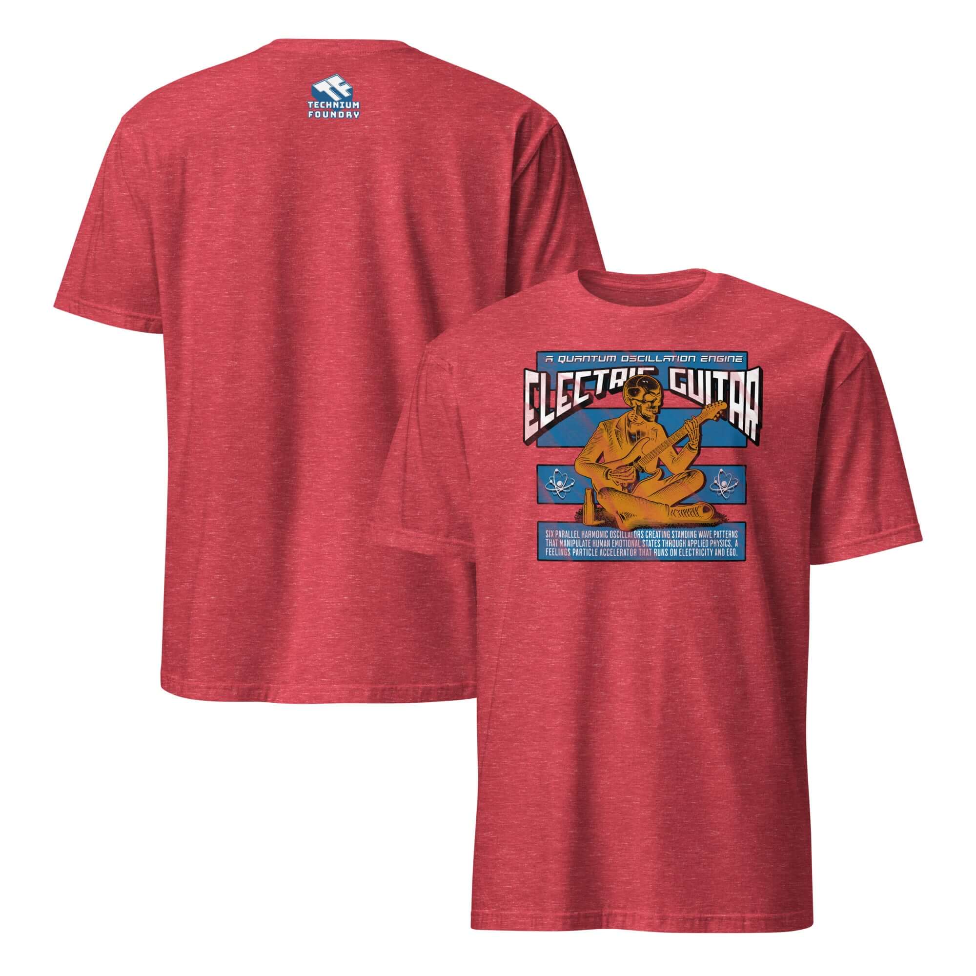 Red t-shirt featuring a humorous electric guitar and quantum physics design, combining music and science themes.