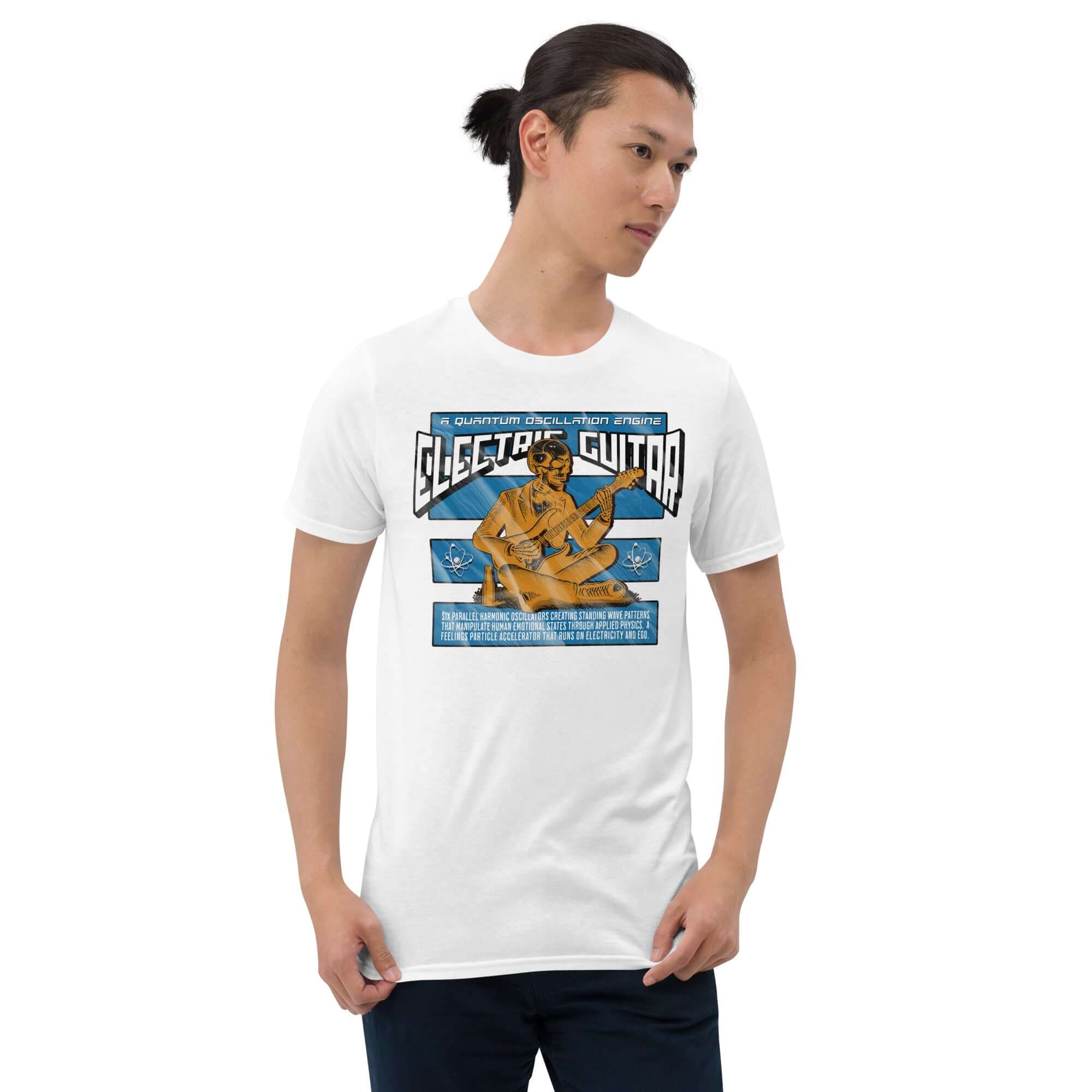Person wearing a white Electric Guitar Quantum Oscillation Engine T-Shirt, featuring physics and music humor graphics.