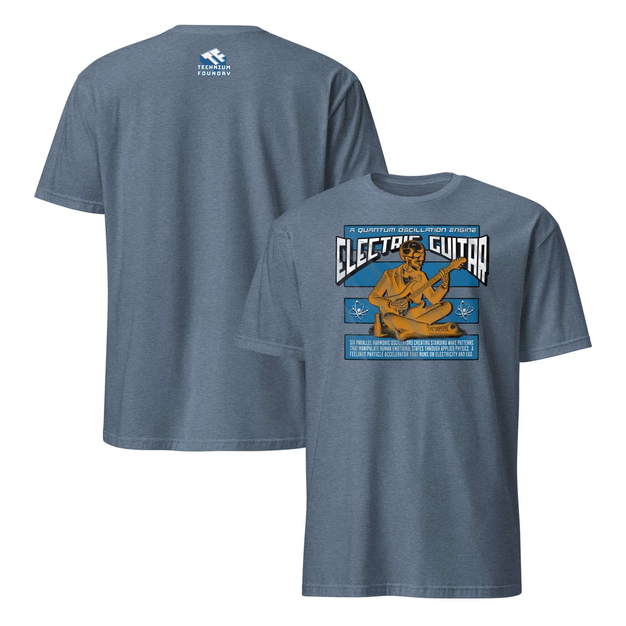 Blue T-shirt featuring 'Electric Guitar Quantum Oscillation Engine' design, blending physics and music humor with a rock theme.